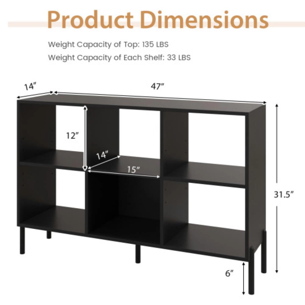 Hivvago Open 3-Tier Bookcase with Six Storage Compartments and Metal Frame Support