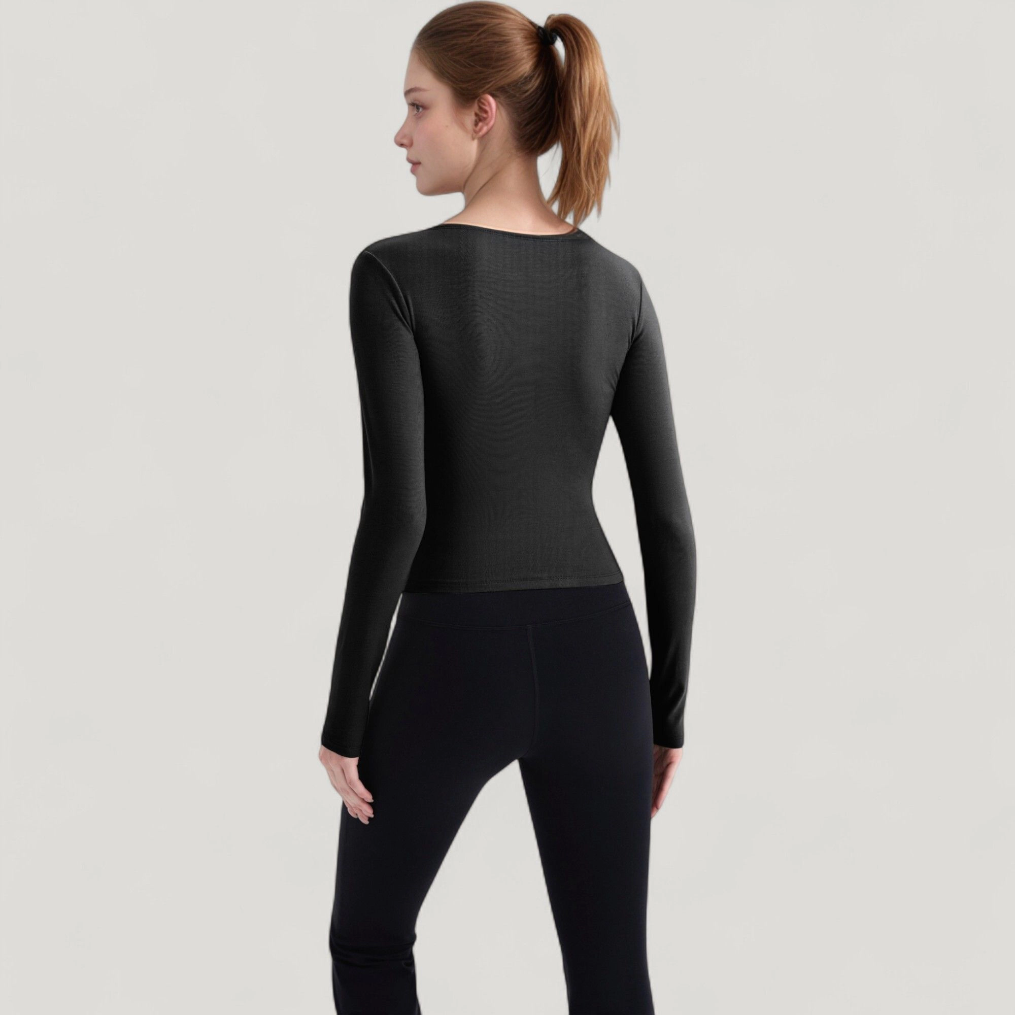 Anna-Kaci Women's Long Sleeve Fitted Athletic Top with Notch Neckline and Contoured Seams