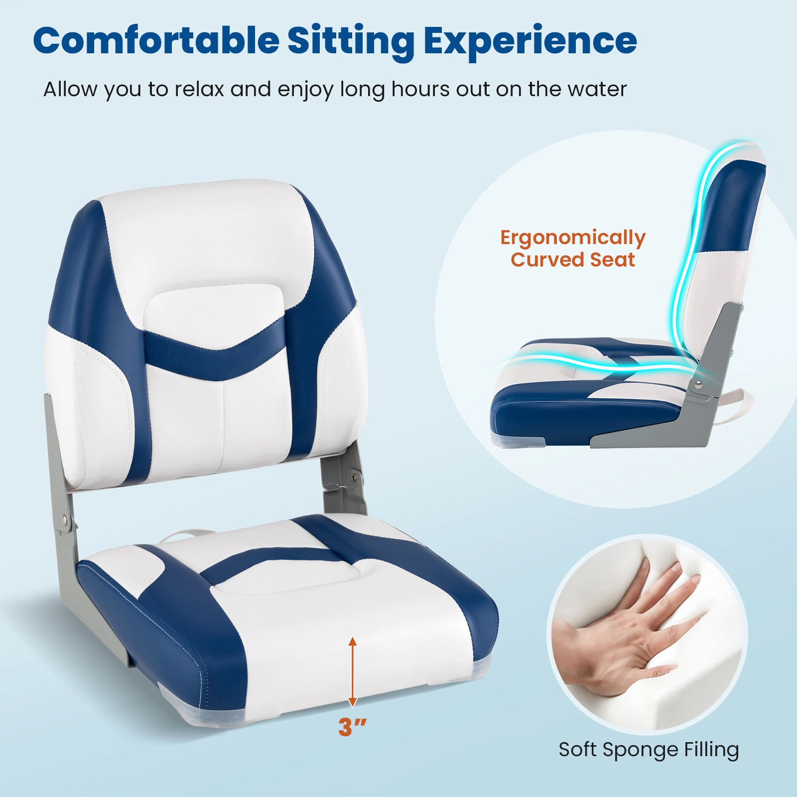 SUGIFT 2-Pack Blue Folding Boat Seats with Aluminum Hinges 16.5-in W 19.5-in D 20-in H 330-lb Seat Capacity
