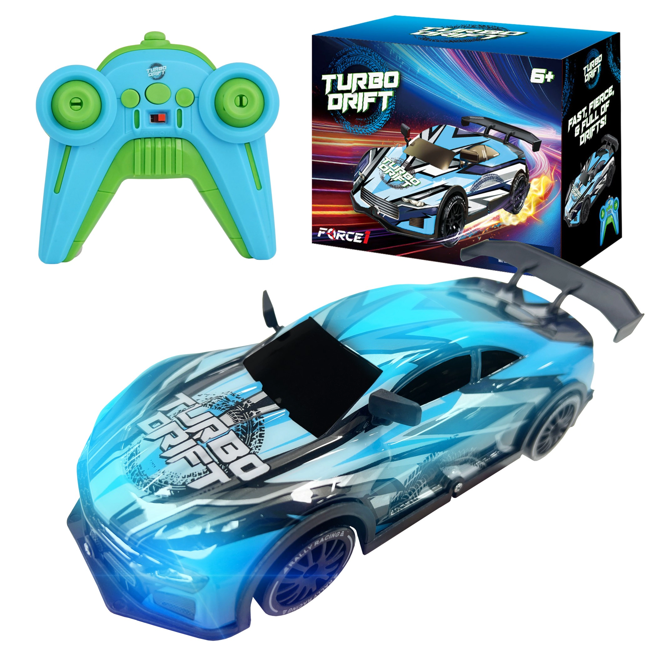 Force1 High-Speed Drift RC Car – 2.4GHz Remote Control, LED Lights, Rechargeable Battery - Blue