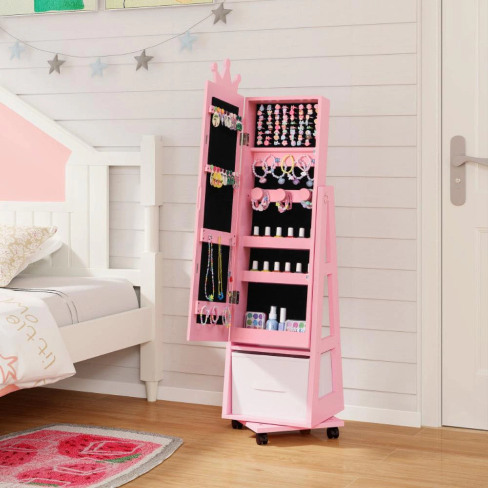 Hivvago Kids Jewelry Armoire Cabinet With Swivel Base And Lockable Universal Wheels-White