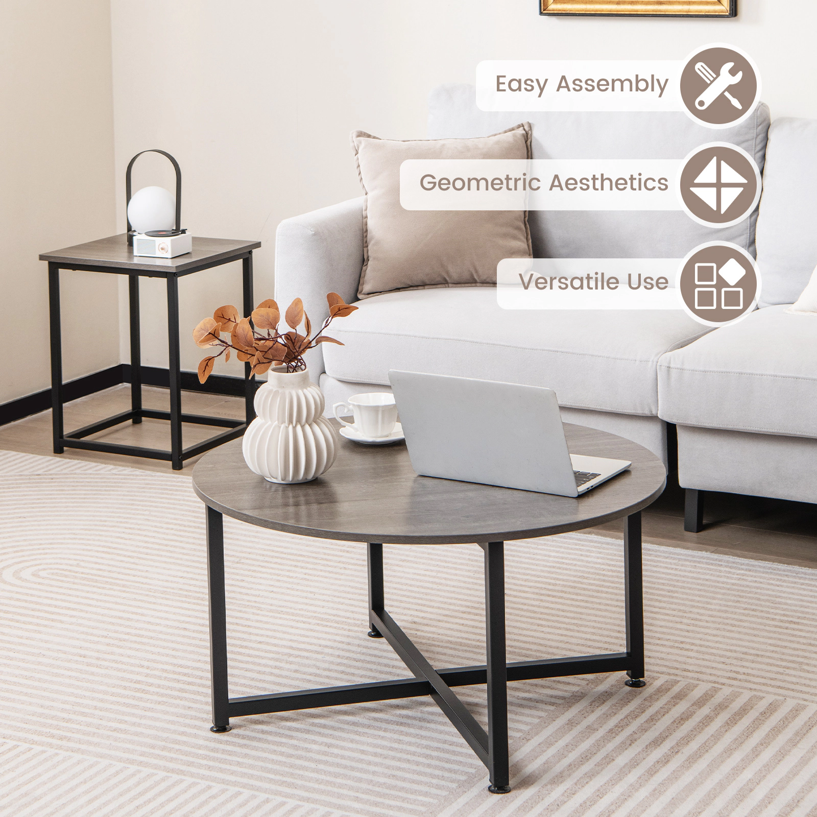 SUGIFT 3-Piece Coffee Table and End Tables Set 220-lb Coffee Table Capacity 110-lb End Tables Capacity Gray and Black
