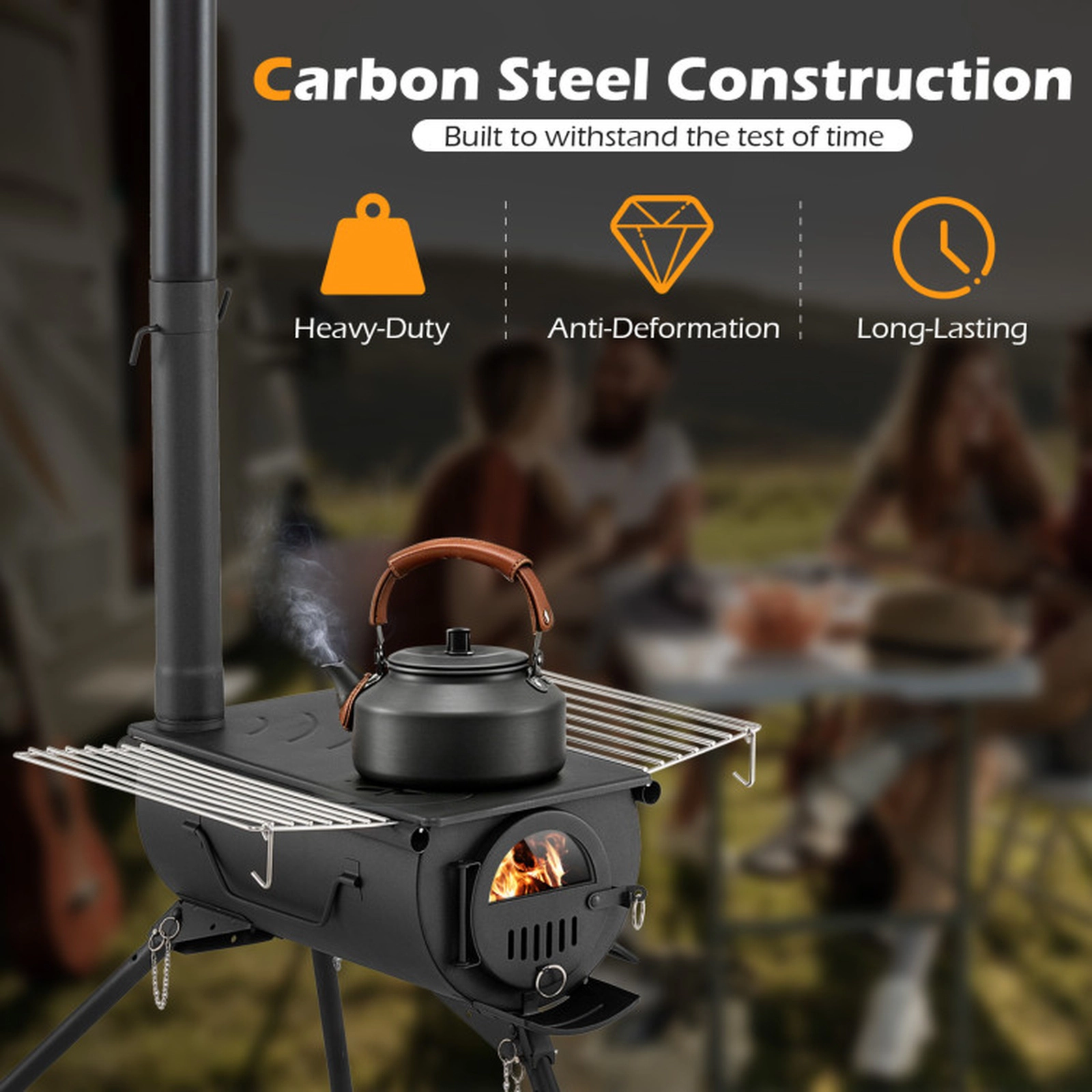 SUGIFT Foldable Wood-Burning Hot Tent Stove, Carbon Steel, 5 Chimney Pipes, Viewing Window