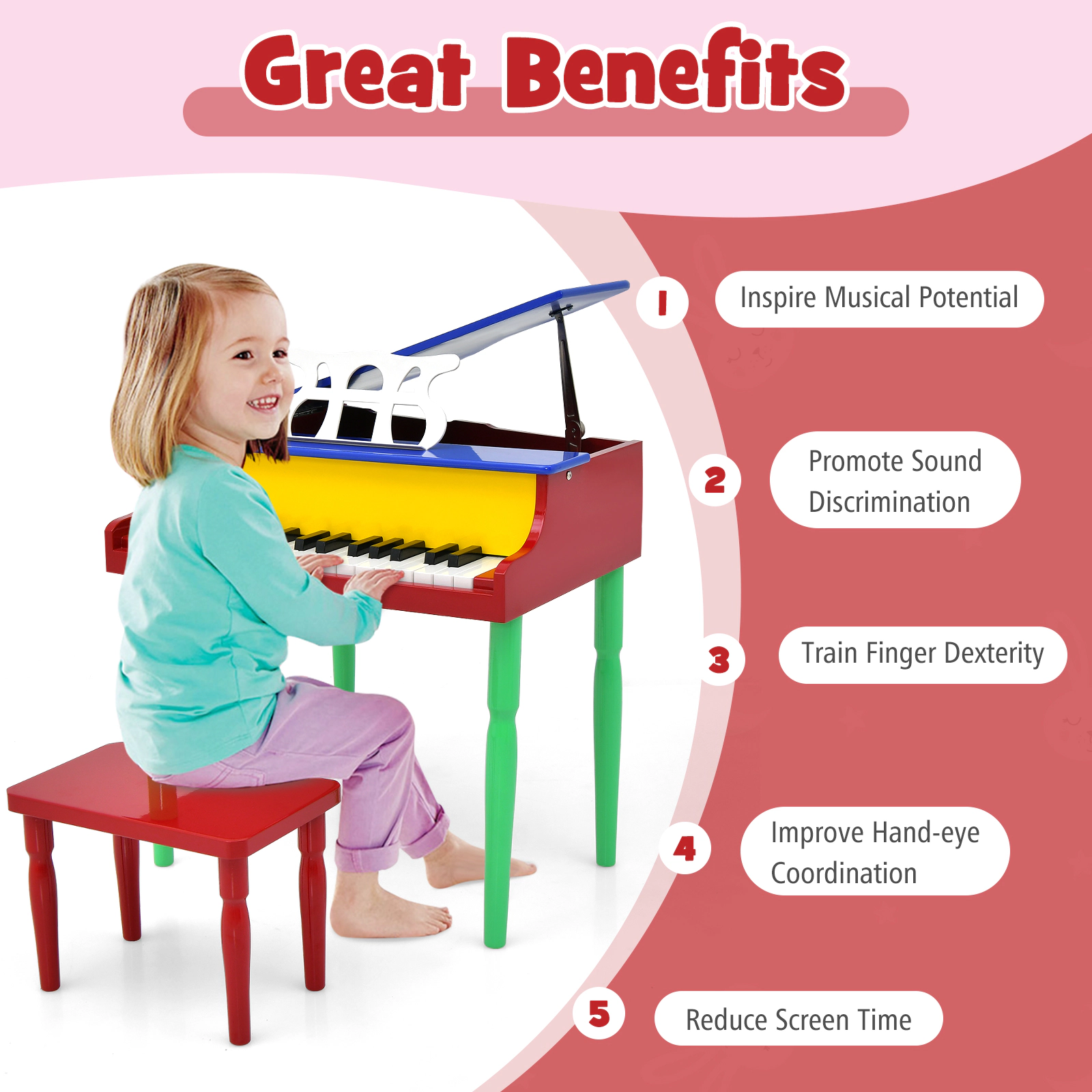 SUGIFT 30-Key Wood Toy Kids Grand Piano with Bench and Music Rack Ages 3-8 Years Multicolor