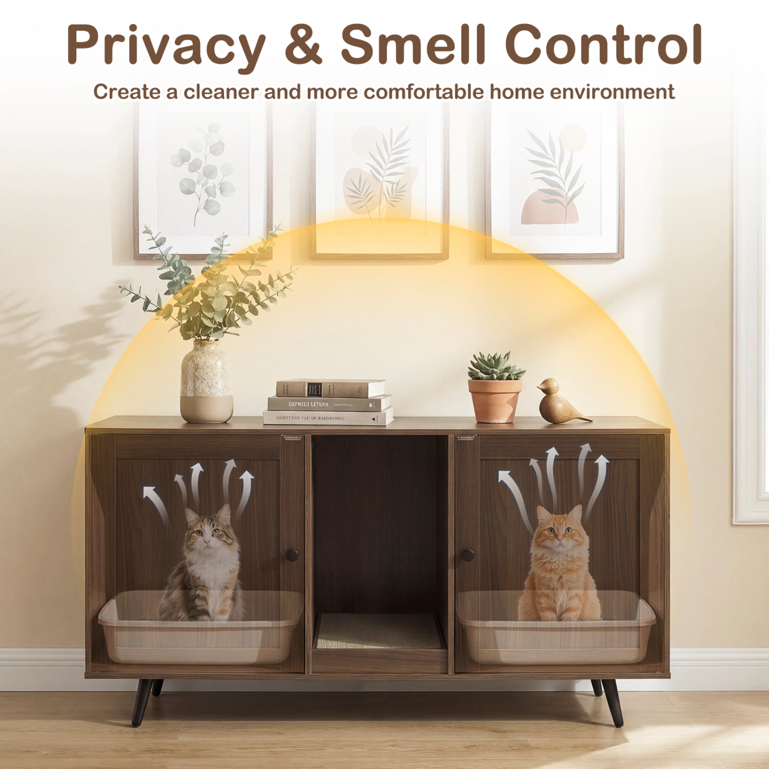 SUGIFT Double Cat Litter Box Enclosure for 2 Cats with Scratching Pad and Double Rooms 110-lb Tabletop Walnut