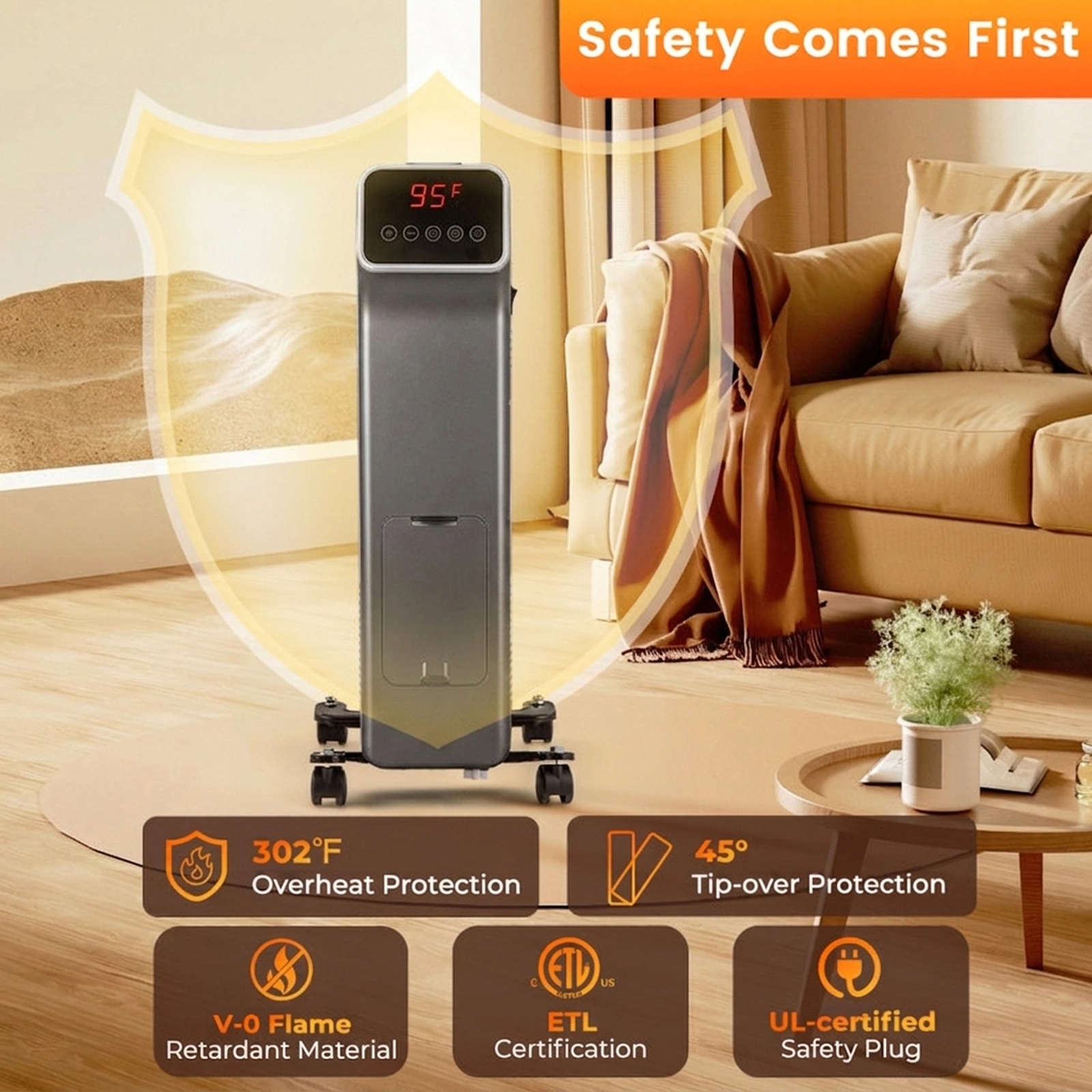 SUGIFT 1500W Oil Filled Radiator Heater with Remote Control 3 Heat Settings 24H Timer 24-in Tall Black