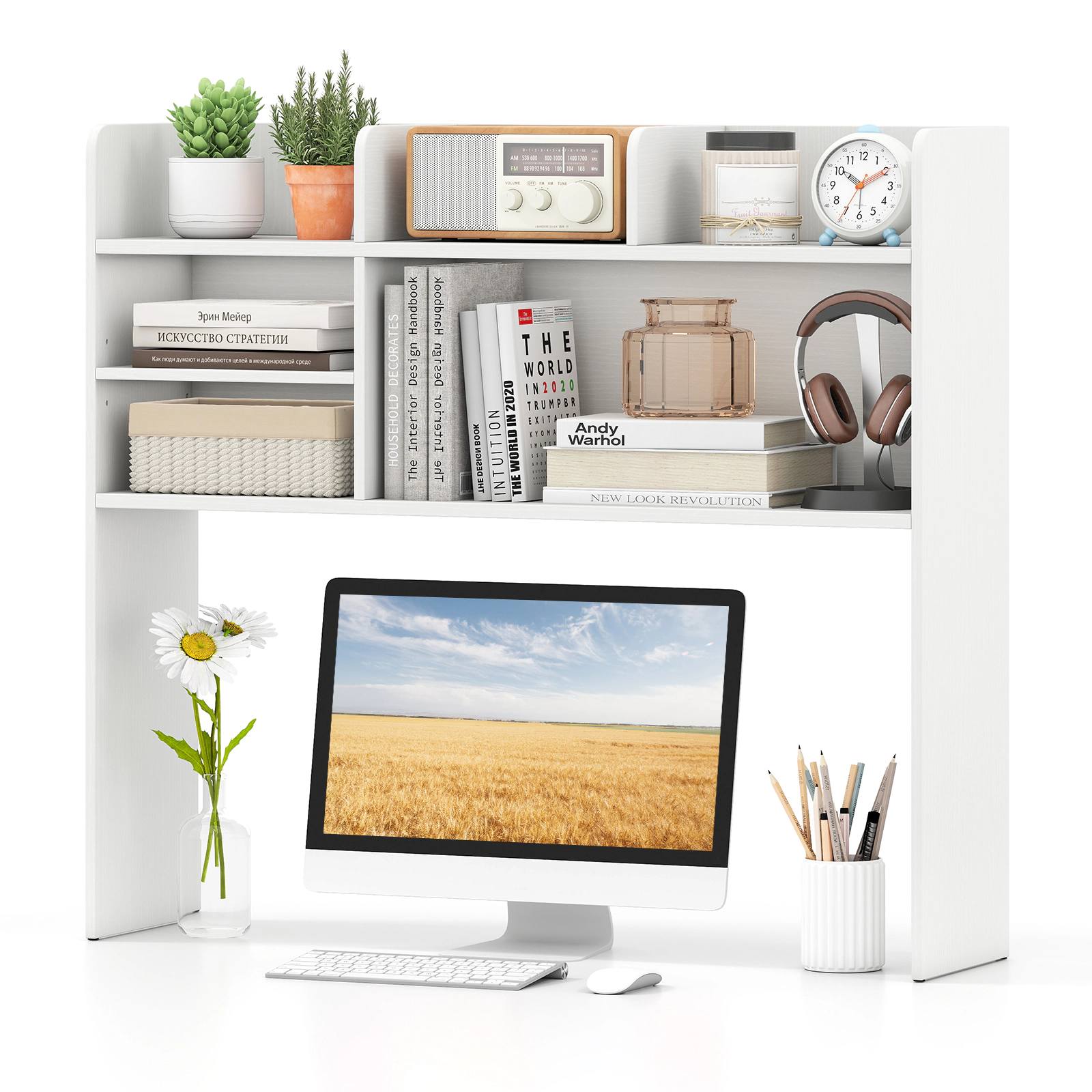 SUGIFT Desktop Bookshelf Countertop Storage Hutch 6 Shelves 66-lb Top Tier Capacity 22-lb Adjustable Shelf 55-lb Bottom