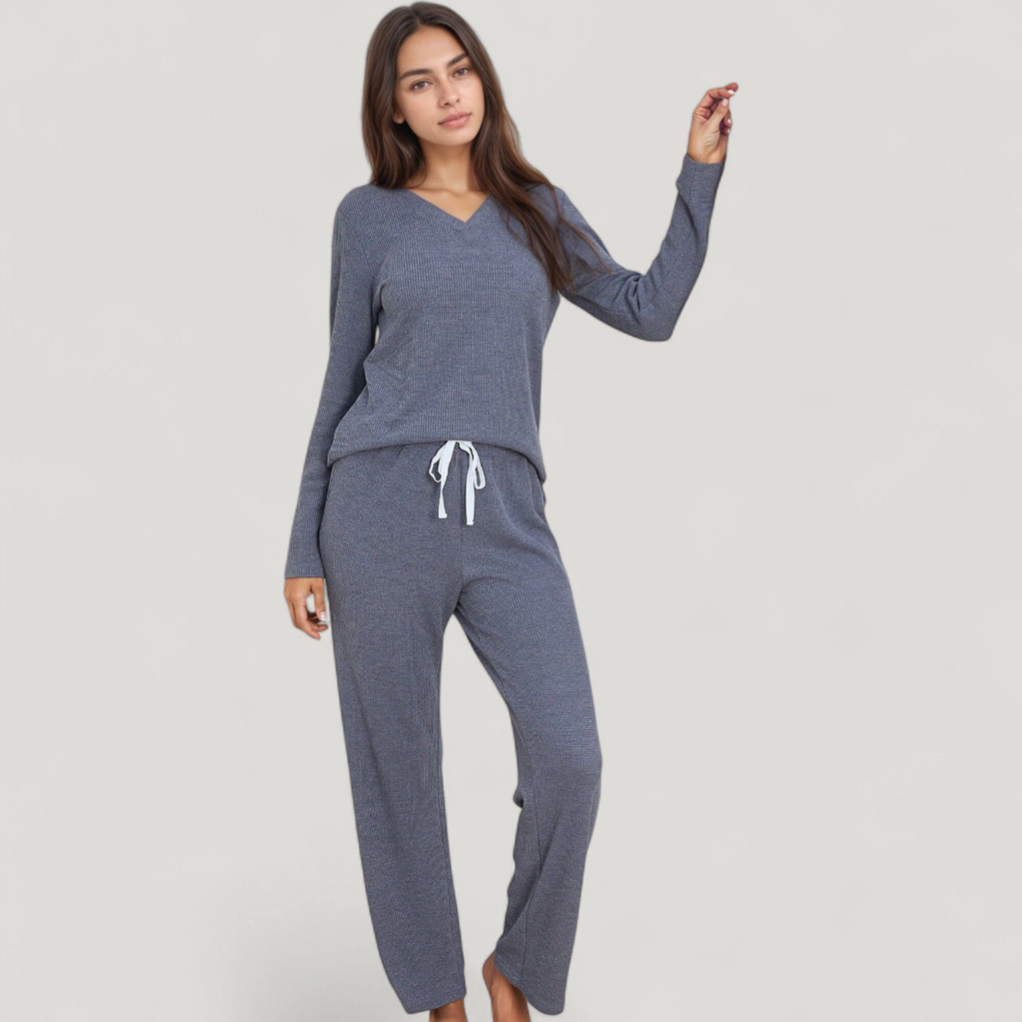 Anna-Kaci Women's V-Neck Long Sleeve Knit Top and Drawstring Waist Lounge Pants 2-Piece