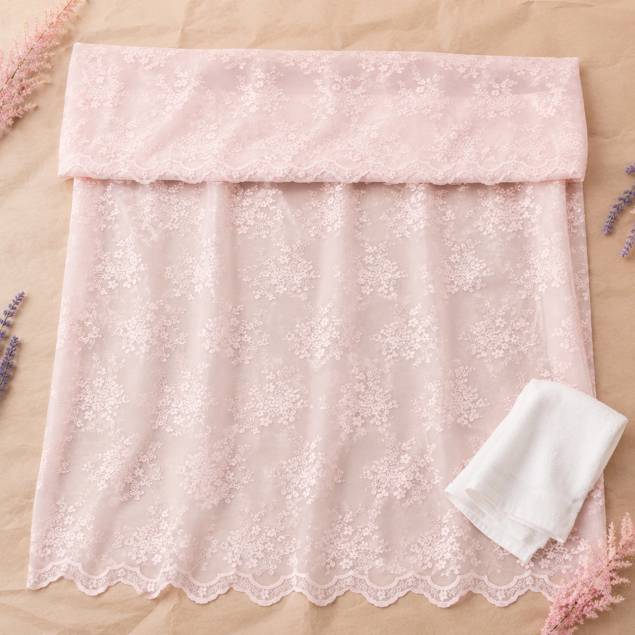 WZK Pink Lace Sheer with Attached Valance Feminine Floral Bathroom Shower Curtain