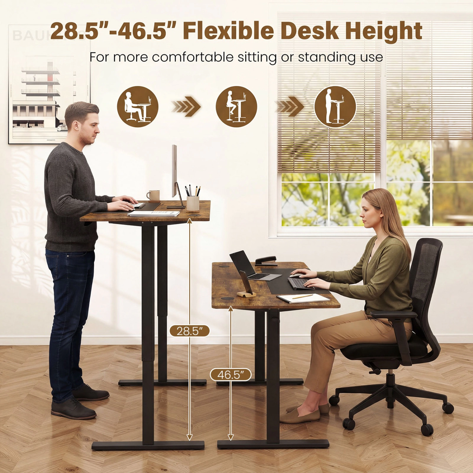 SUGIFT 63 in Rustic Brown Electric Standing Desk, Dual Monitor, Adjustable Height