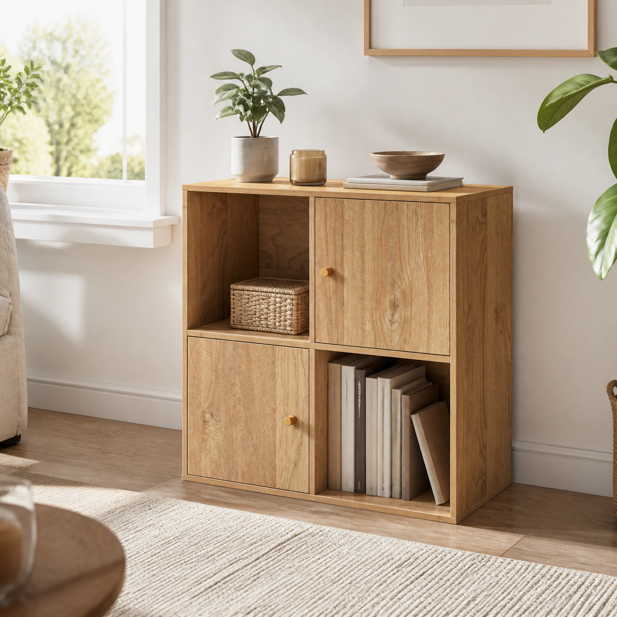 SUGIFT 4-Cube Natural 3-Tier Small Bookshelf with Doors 2 Storage Cabinets and Anti-Tipping Kits