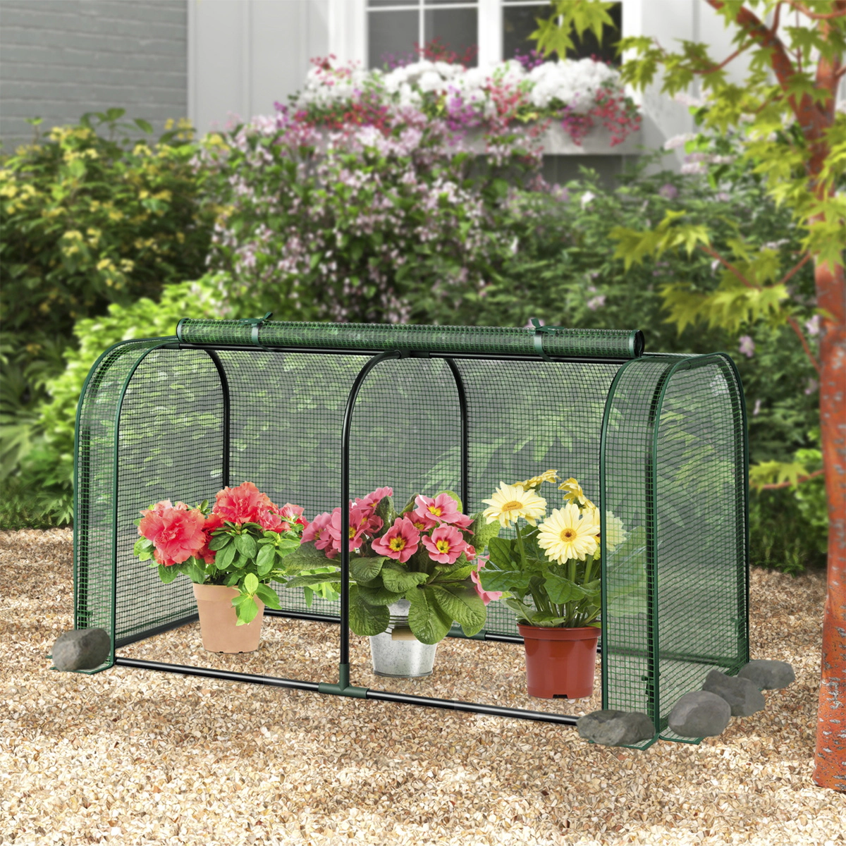 SUGIFT Mini Tunnel Greenhouse Roll-Up Zipper Door PE Cover Metal Frame Ground Stakes 47 x 22 x 24-in Green/White