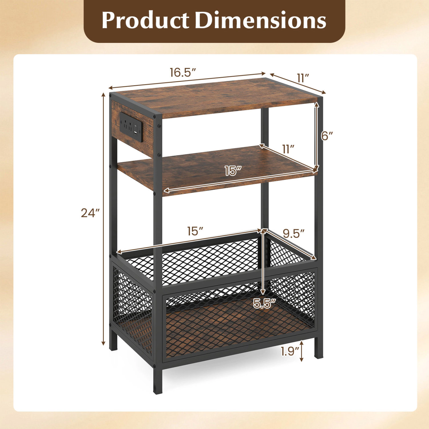 Glintex 3-Tier Industrial Side Table with Charging Ports and Anti-Falling Mesh, Rustic Brown