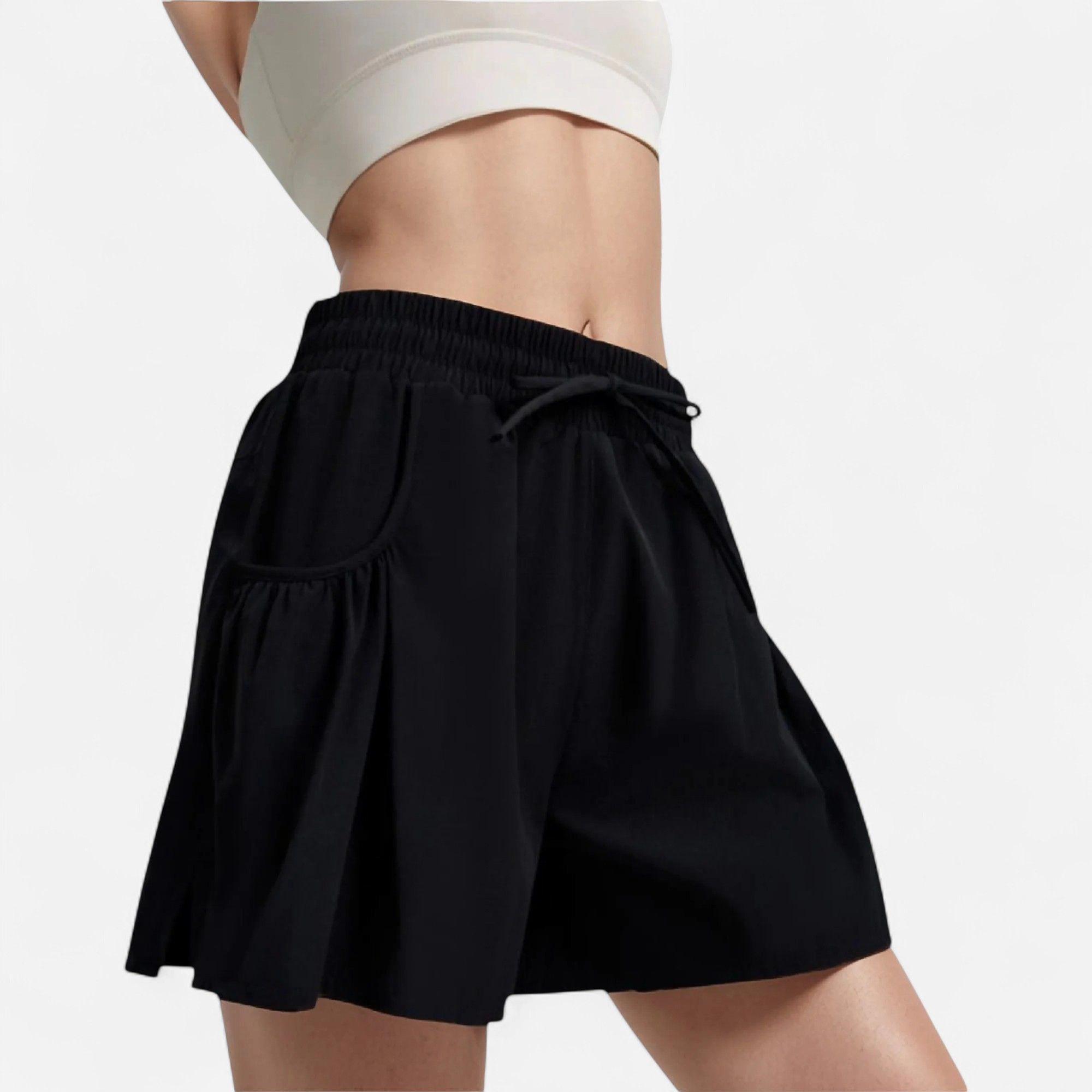 Anna-Kaci Women's High Waist Active Shorts with Drawstring Waistband Pleated Side Pockets and Relaxed Fit