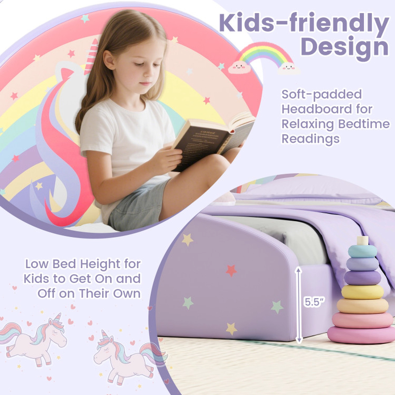 SUGIFT Upholstered Twin Floor Bed Frame with Rainbow Unicorn Headboard 176-lb Capacity Ages 3+ Purple