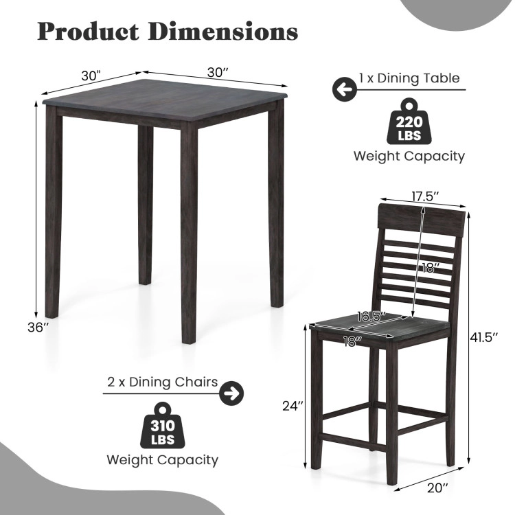 Hivvago 3-Piece Counter-Height Dining Table Set For 2 With Rubber Wood Frame And Footrest