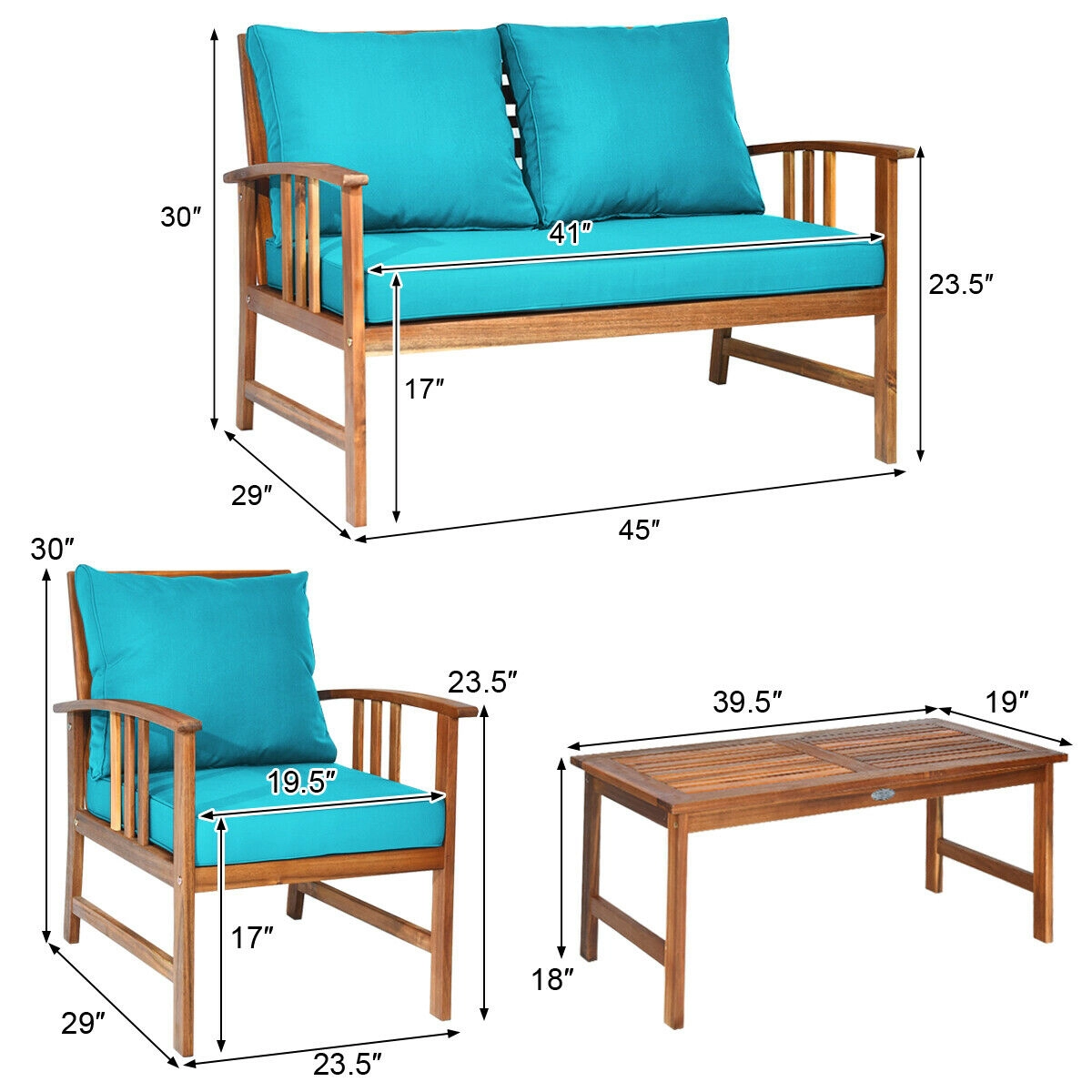 SUGIFT 4-Piece Acacia Wood Patio Conversation Set with Loveseat, 2 Chairs and Coffee Table