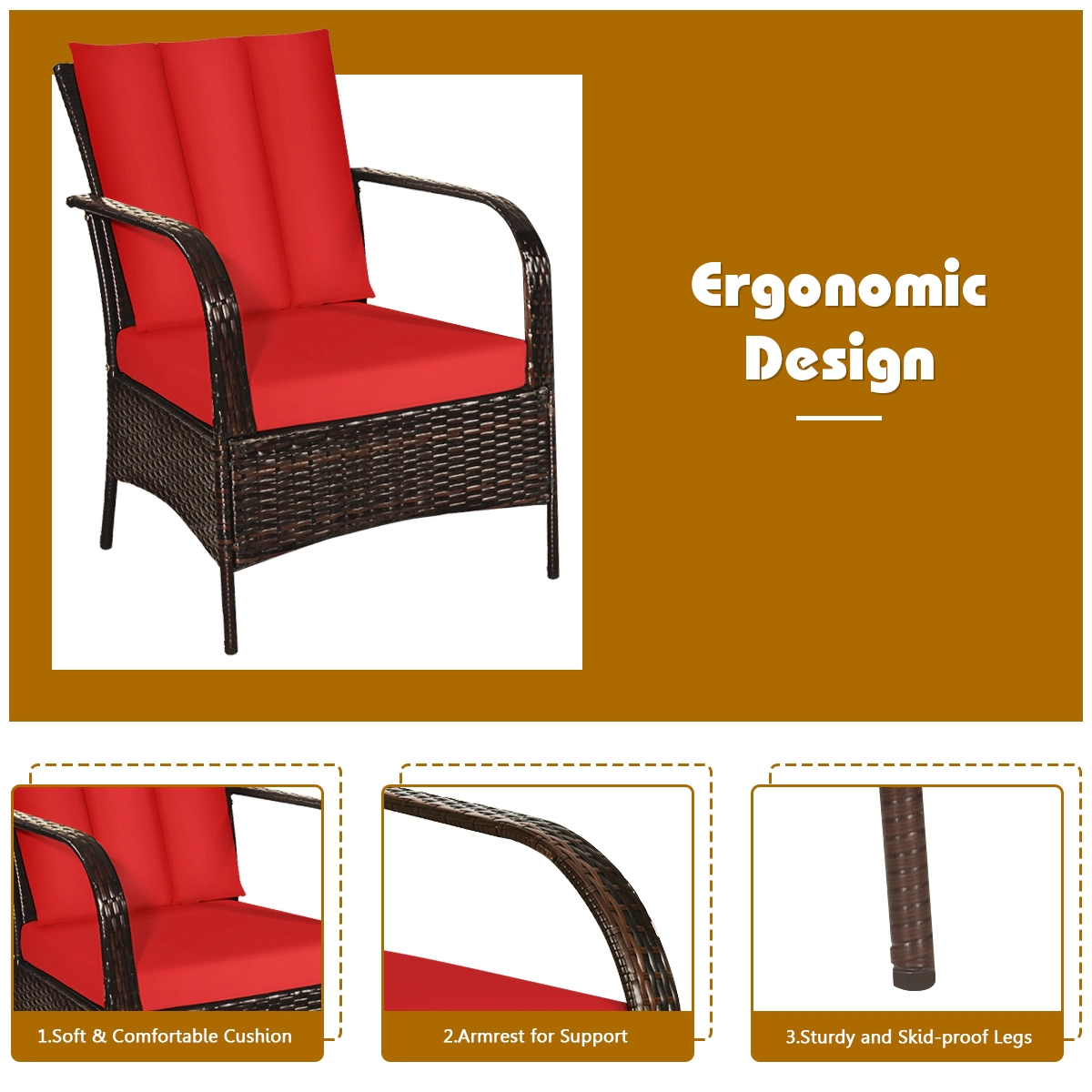 SUGIFT 3-Piece PE Rattan Patio Conversation Furniture Set Tempered Glass Coffee Table 360-lb Chair Capacity Red Cushions