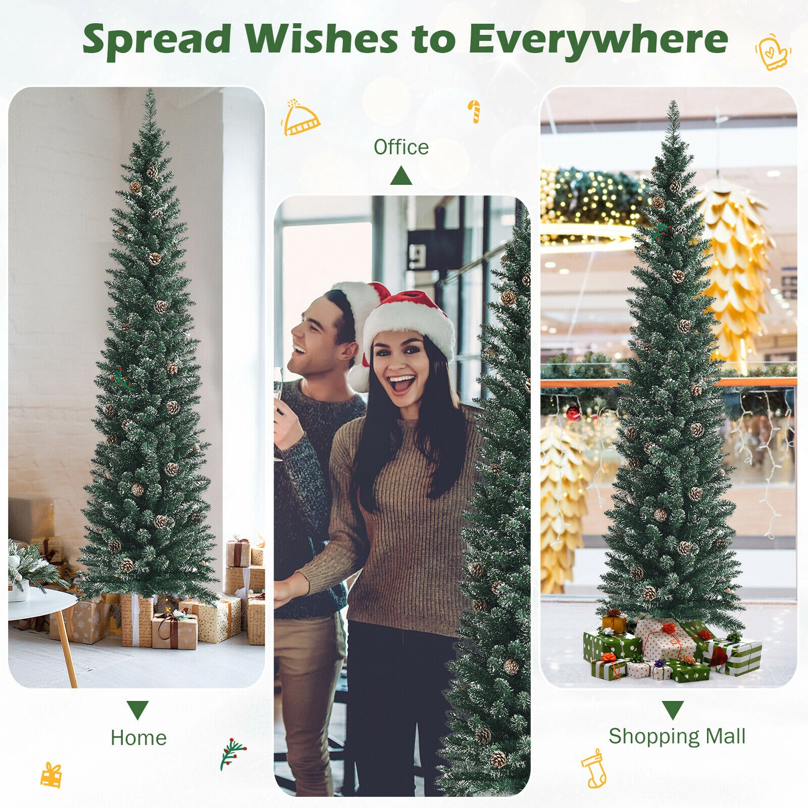 LJG Snowy Artificial Pencil Christmas Tree with Pine Cones