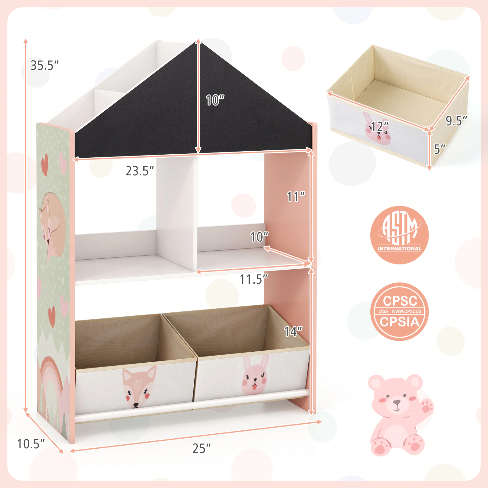 SUGIFT Playhouse Kids Bookshelf with Chalkboard and Whiteboard for 3-6 Years Pink