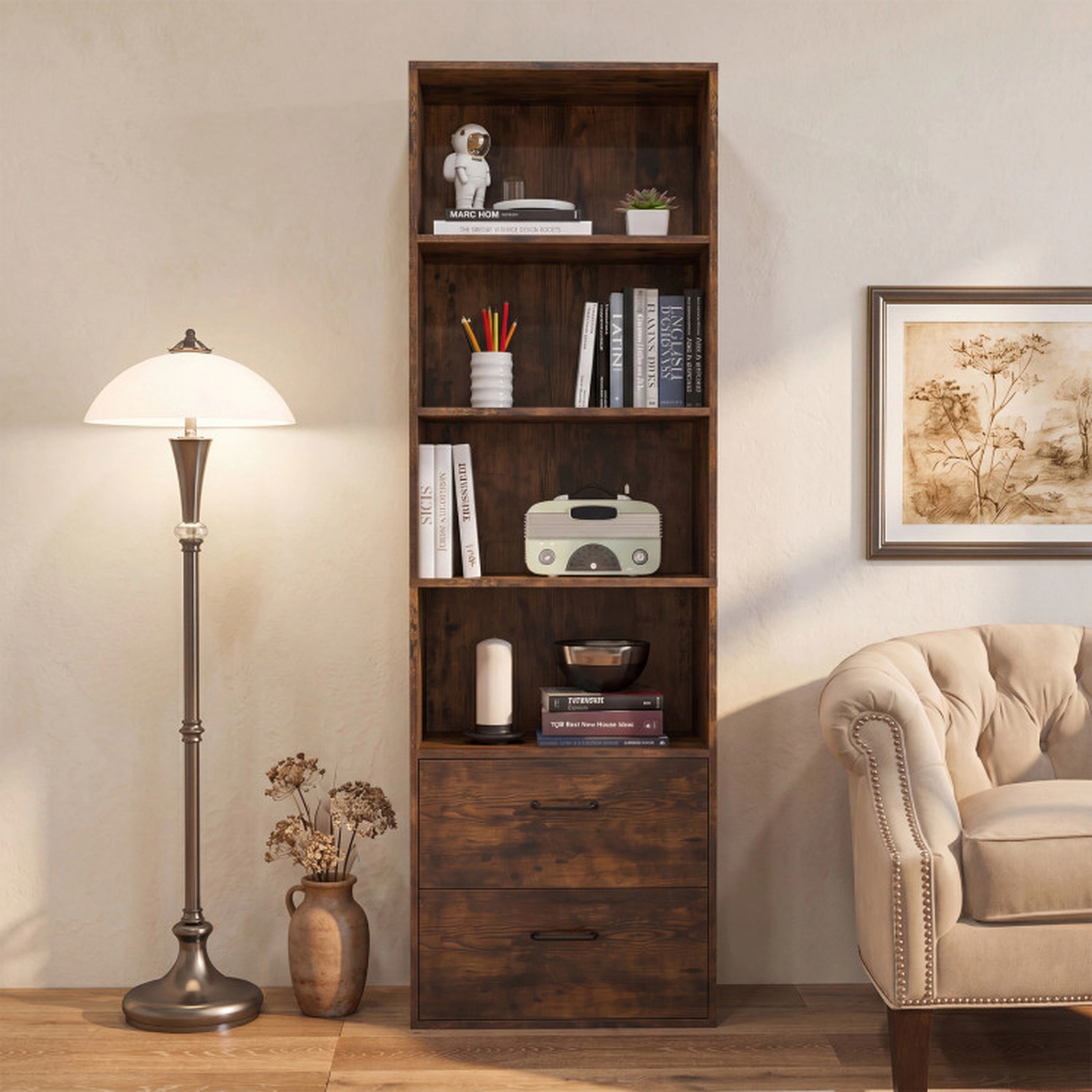 SUGIFT 6-Tier Rustic Brown 74-in Tall Freestanding Bookshelf with 2 Drawers and 4 Open Shelves for Office