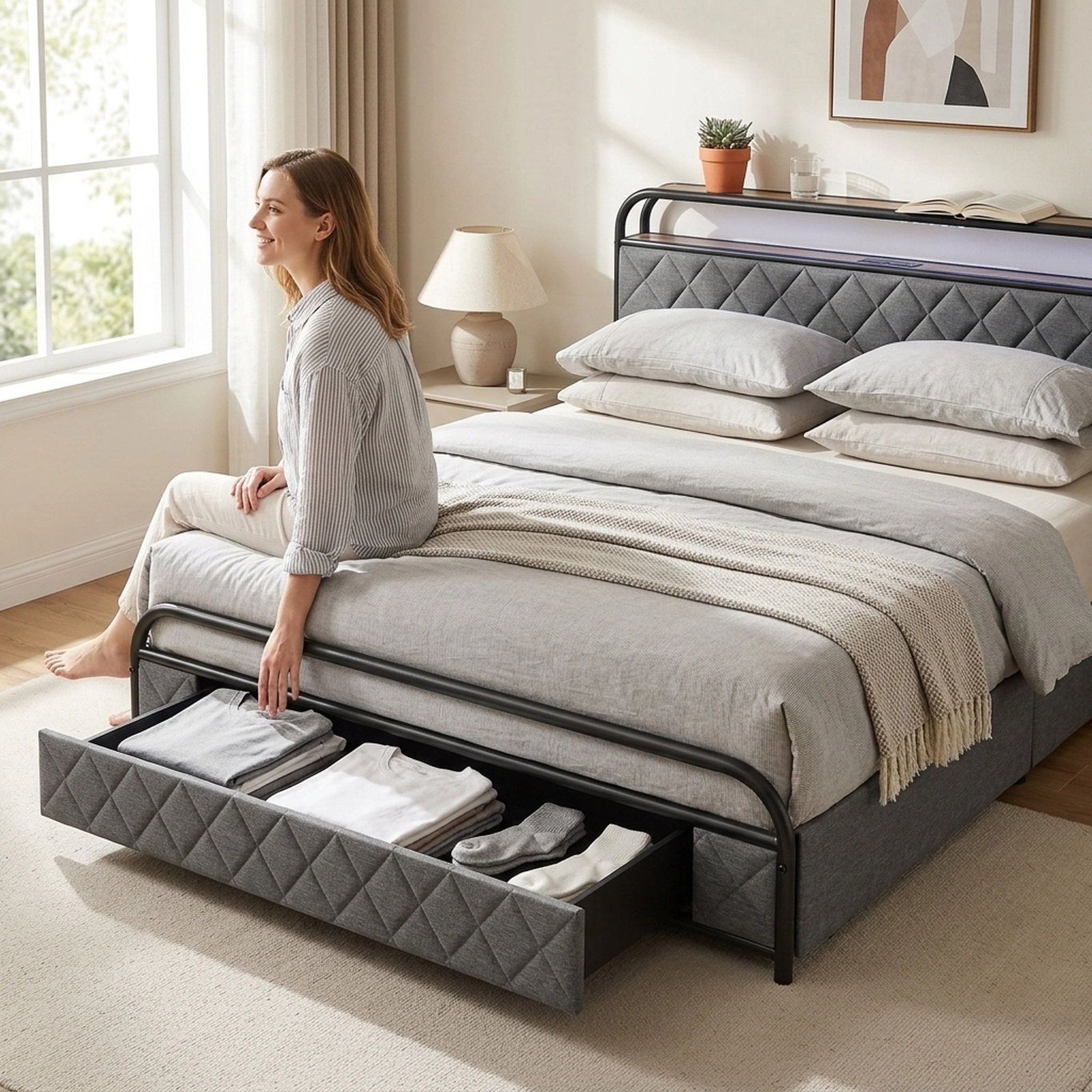 SUGIFT Queen Platform Bed Frame with LED Lights, Charging Station, 4 Storage Drawers, Bookcase Headboard, Black