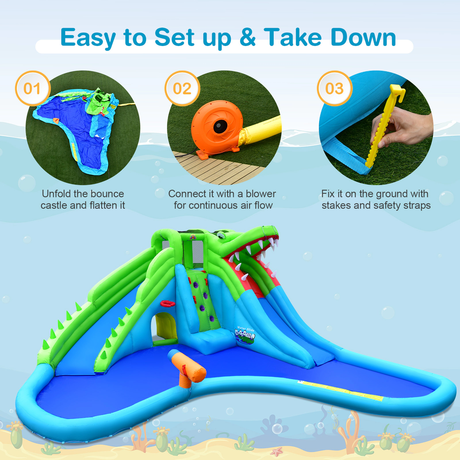 SUGIFT Inflatable Crocodile Style Water Slide Kids Bounce Castle 300-lb Capacity Ages 3-10 Blue Green with 780W Blower
