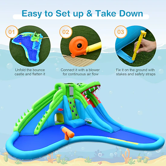 SUGIFT Inflatable Crocodile Style Water Slide Kids Bounce Castle 300-lb Capacity Ages 3-10 Blue Green with 780W Blower