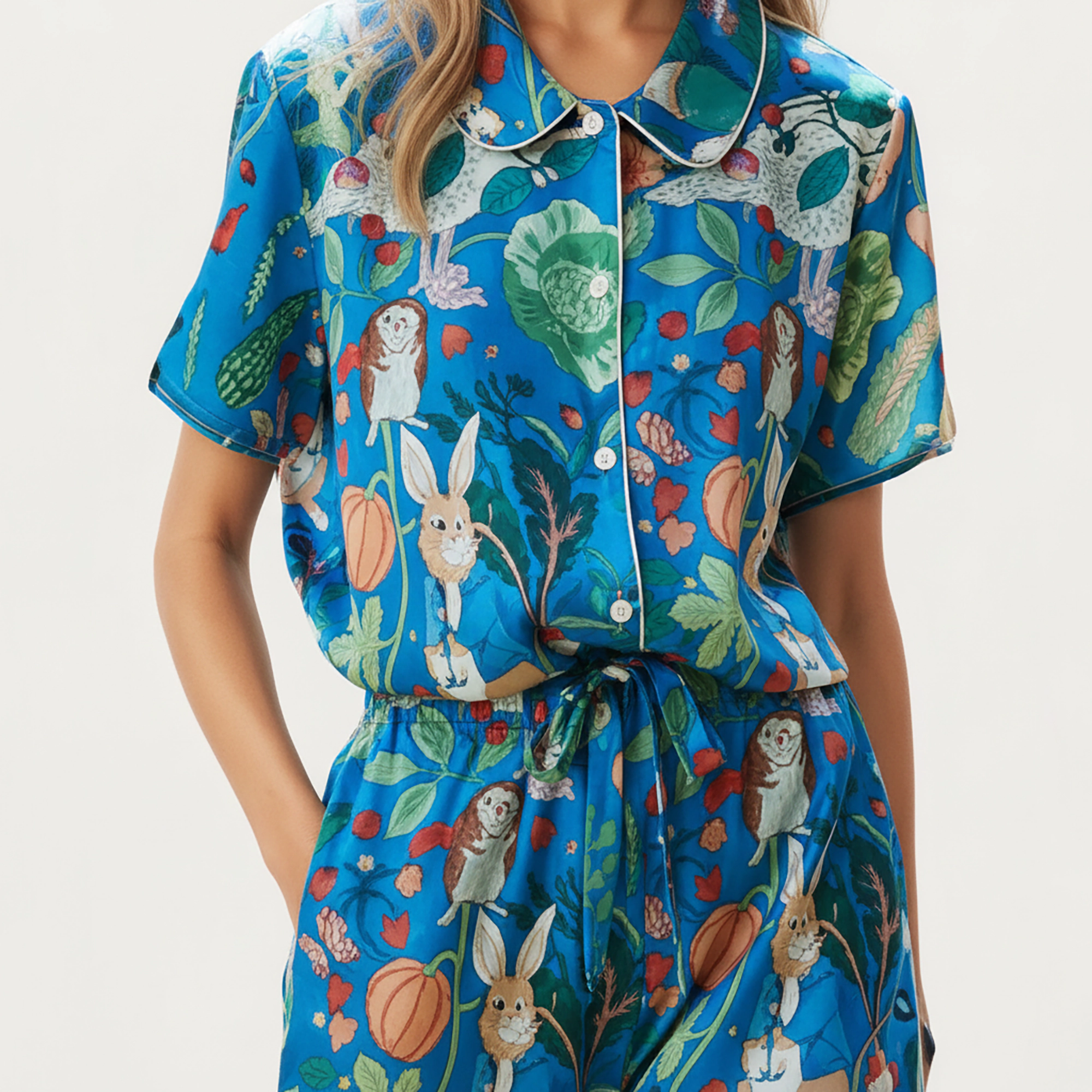 Anna-Kaci Women's Whimsical Garden Animal Print Pajama Set with Short Sleeve Button Up Top and Matching Shorts