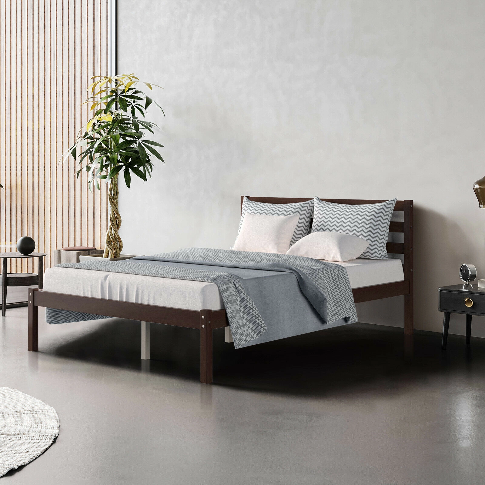 SUGIFT Espresso Slat Headboard and Solid Wood Slats Full Size Wooden Bed Frame Foundation