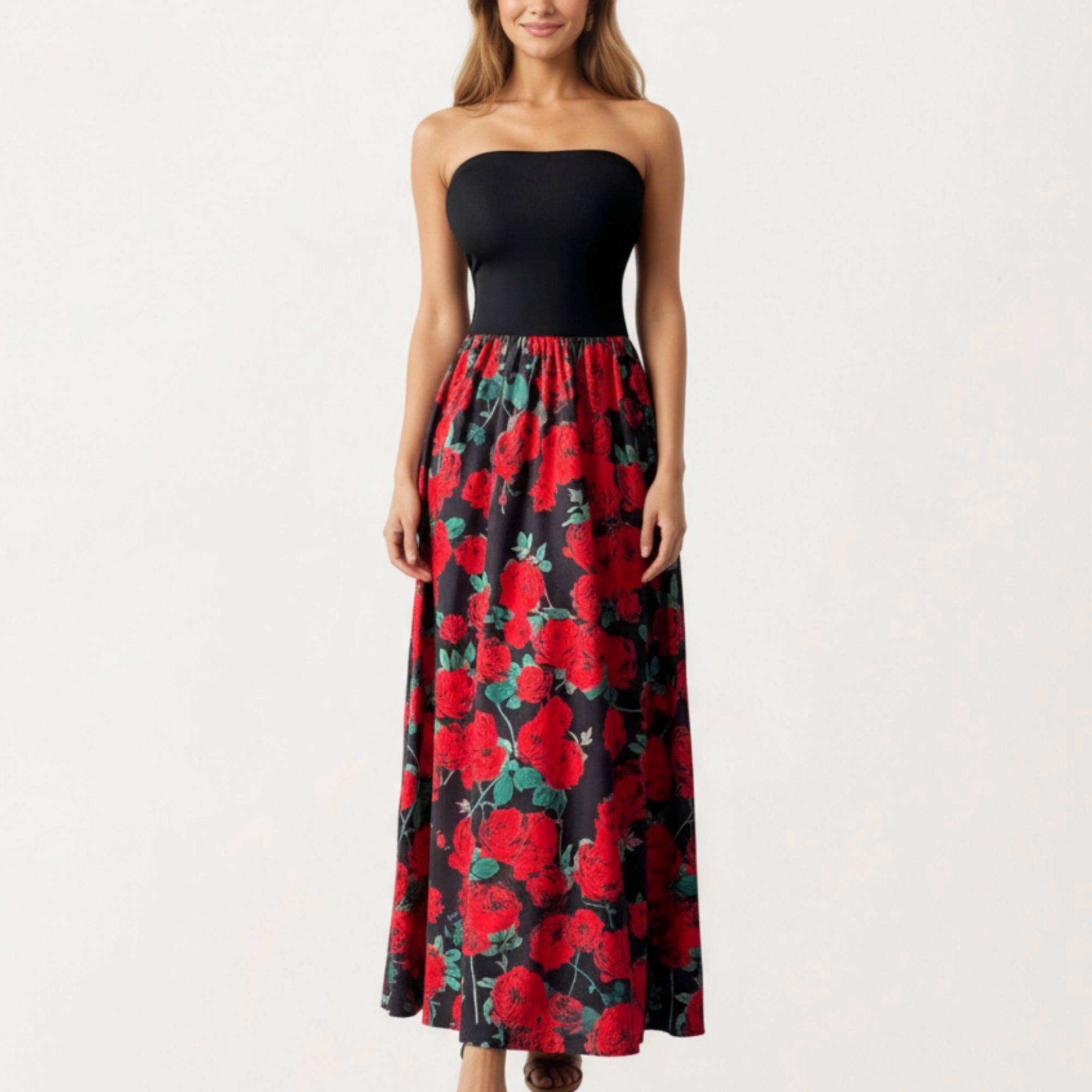 Anna-Kaci Women's Strapless Fitted Bodice Floral Print Maxi Dress