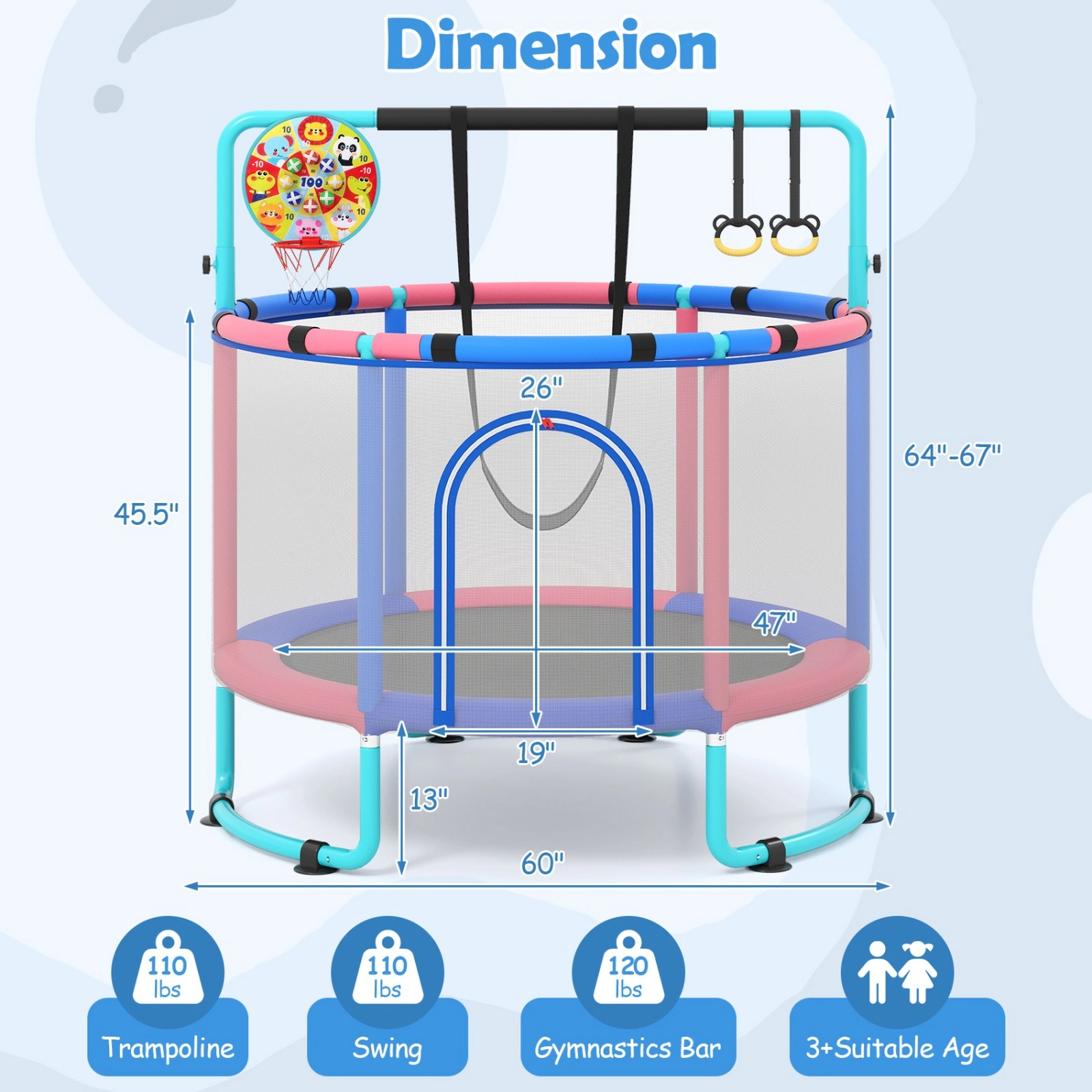 60-in 6-in-1 Kids Trampoline Basketball Hoop Gymnastics Bar Swing Hanging Rings Dart Board Navy Ages 3+