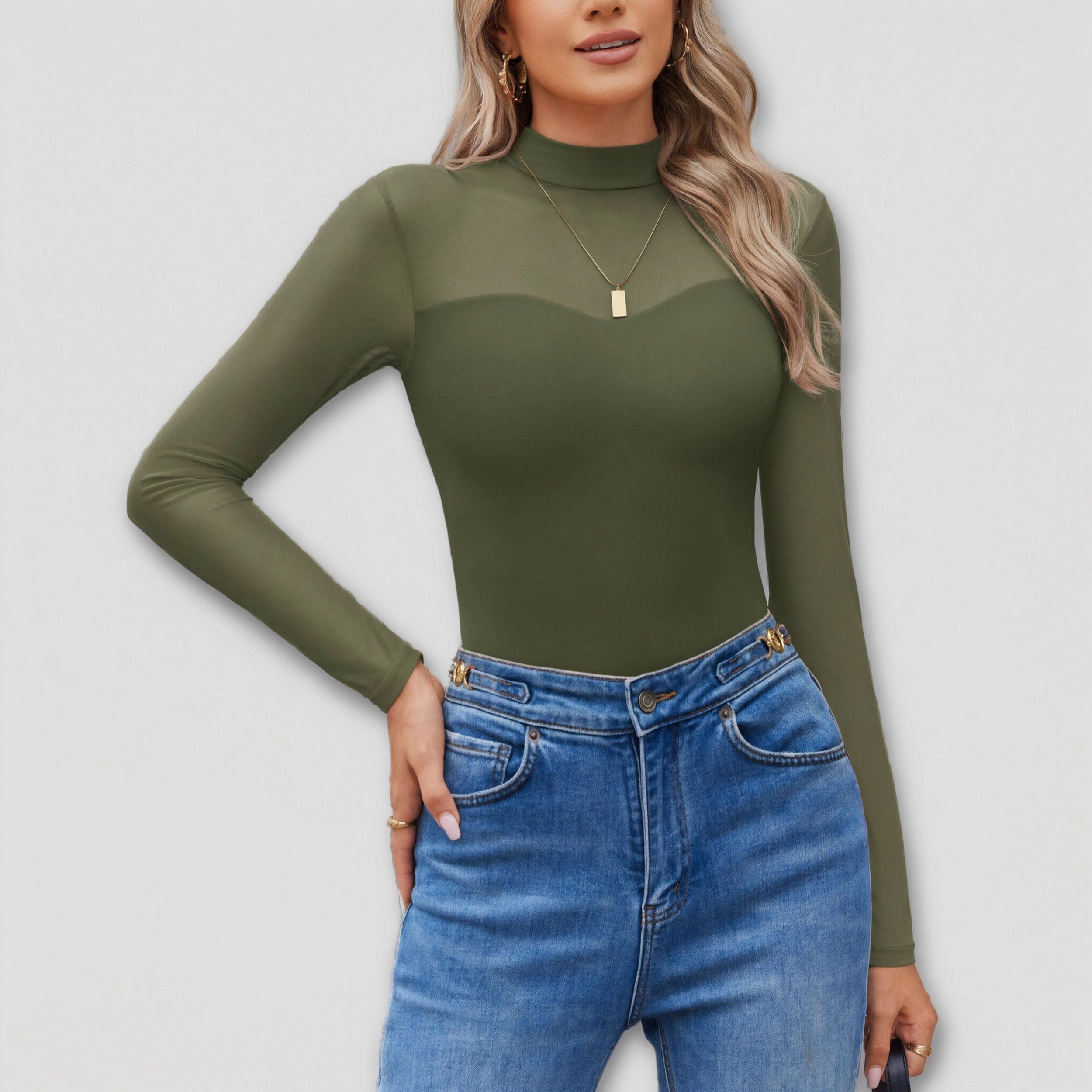 Avidlove Women's Long Sleeve Mesh Double Lined Mock Neck Bodysuit Leotard