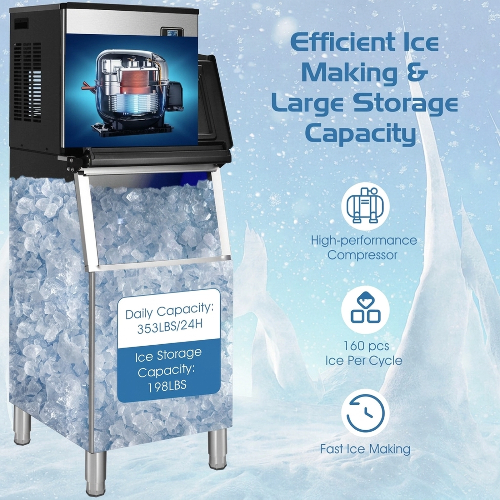 SUGIFT Black Split Commercial Ice Maker with 353-lb Daily Output and 198-lb Storage Bin 25-in W 22-in D 63-in H