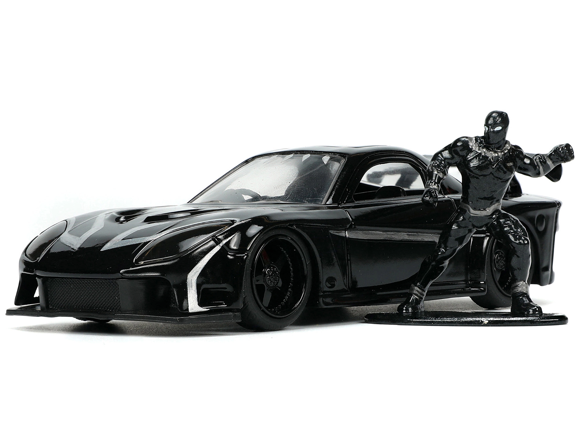 Jada 1995 Mazda RX-7 RHD (Right Hand Drive) Black and Black Panther Diecast Figure "The Avengers" "Hollywood