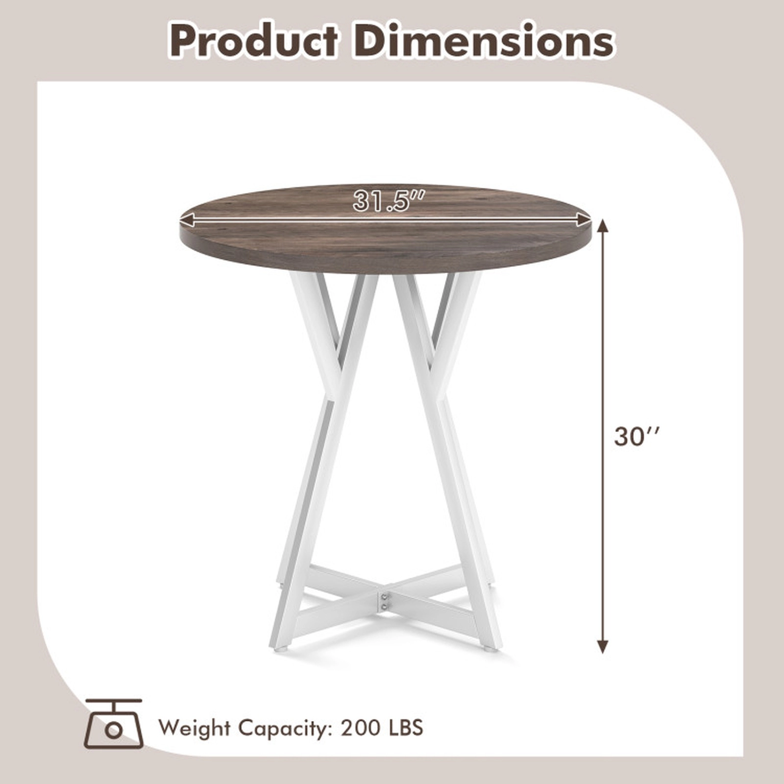 SUGIFT 31.5-Inch Brown Round Dining Table for 2 with Metal X-Pedestal Base