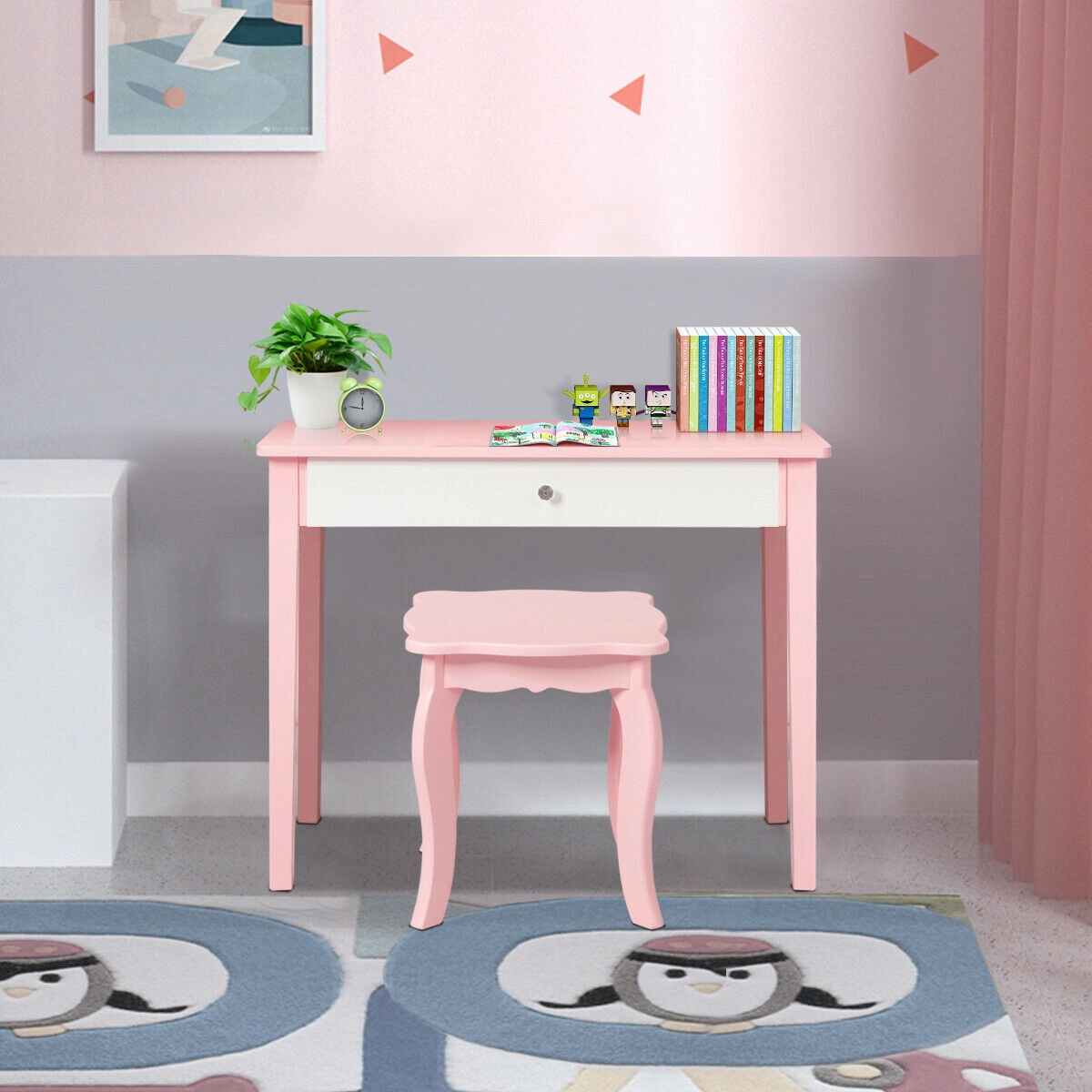 SUGIFT Pink Tri-Folding Mirror and Stool Kids Princess Makeup Dressing Table