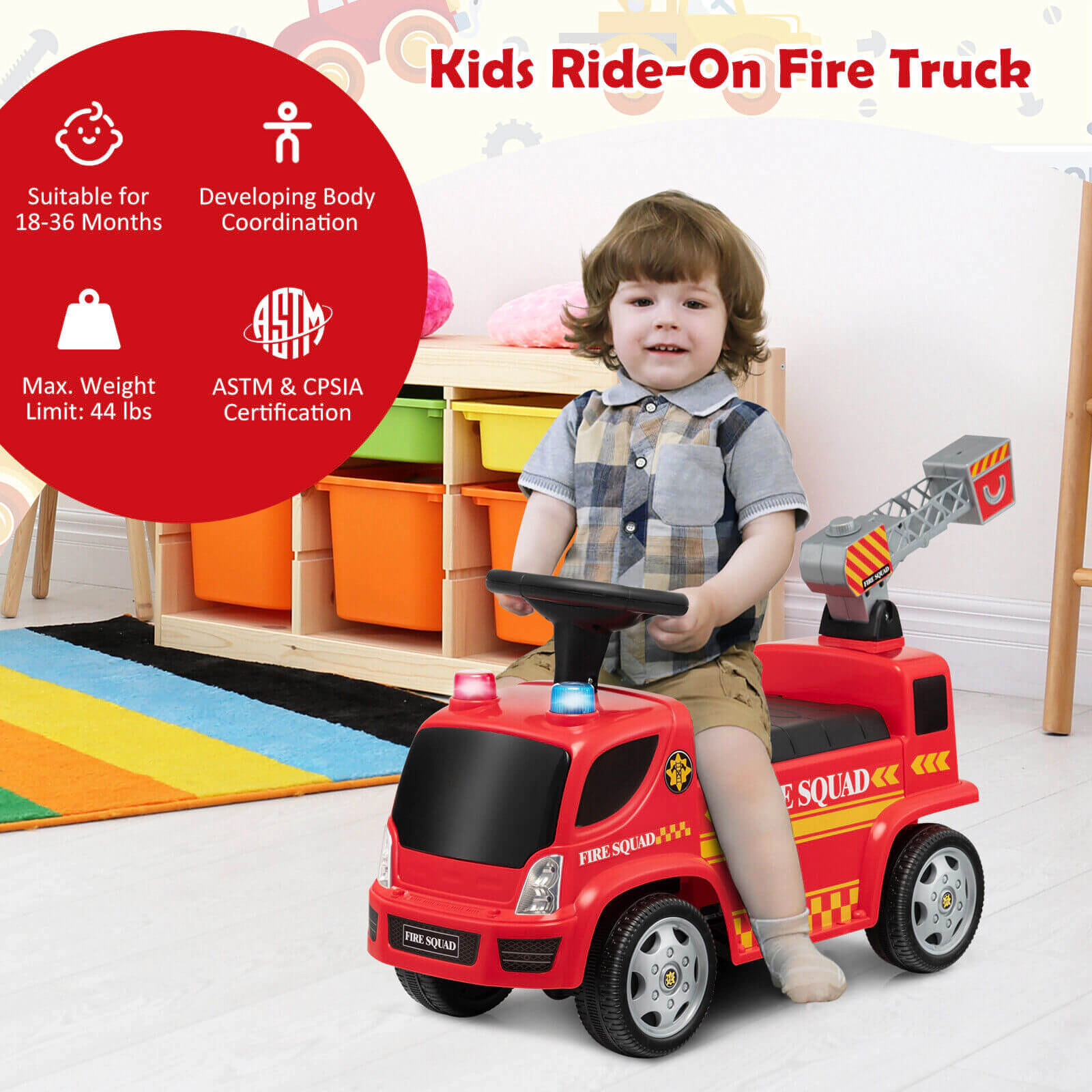 SUGIFT Red Ladder Bubble Maker and Headlights Kids Push Ride On Fire Truck