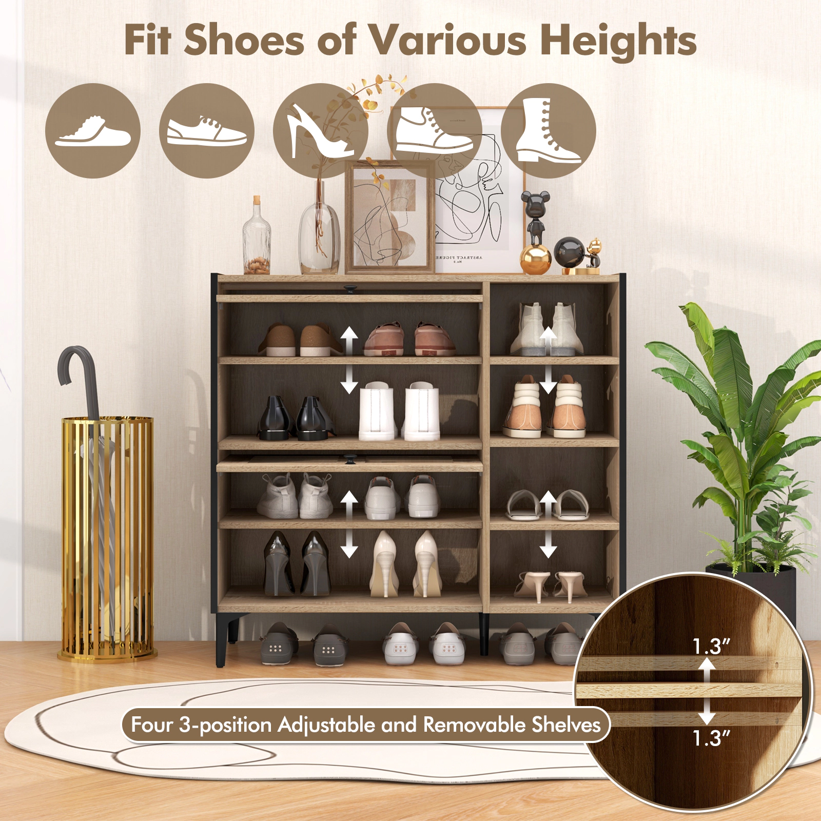 SUGIFT Oak 35.5-in Entryway Shoe Cabinet with 2 Flip-Up See-Through Doors and 4 Open Storage Shelves