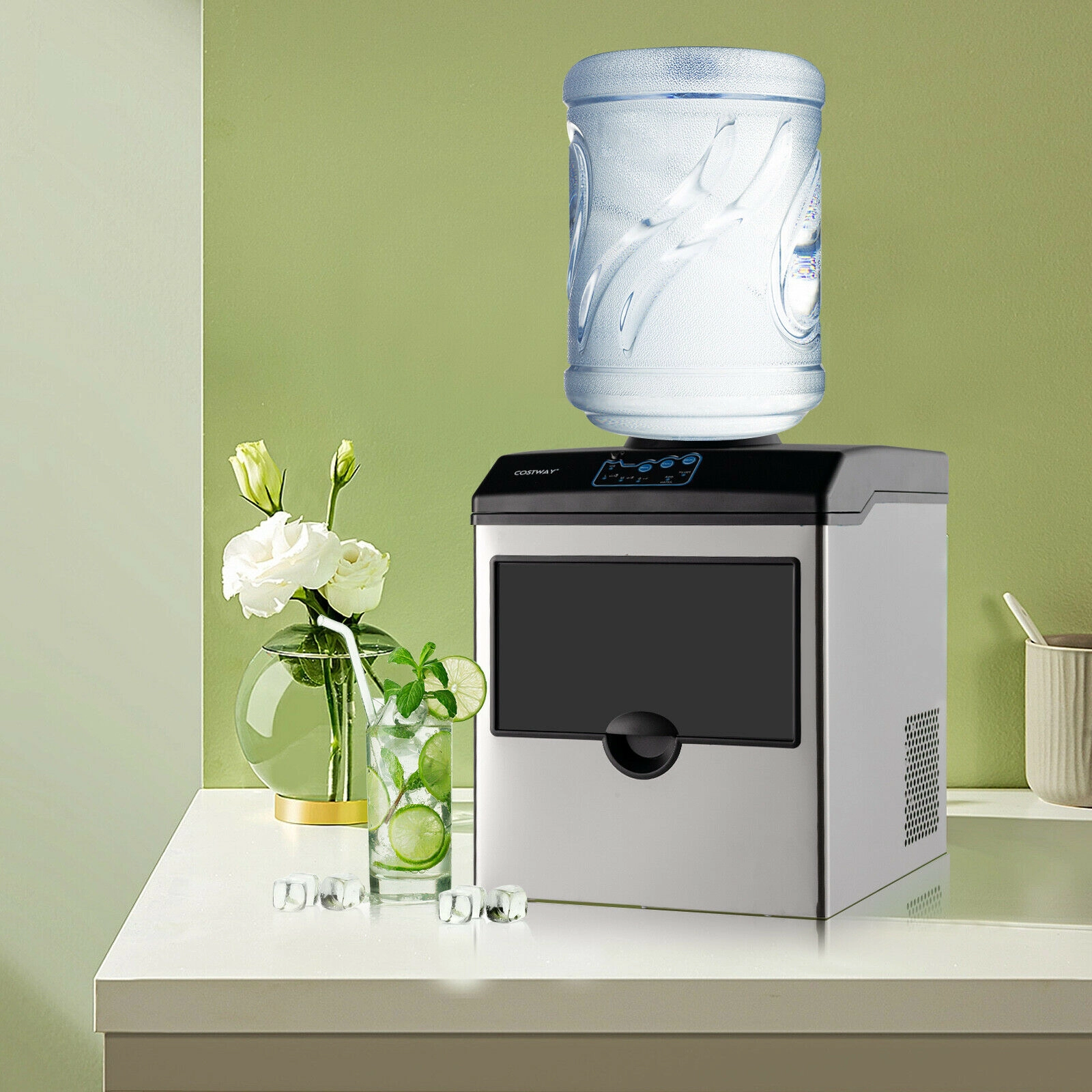 LJG 2-in-1 Stainless Steel Countertop Ice Maker with Water Dispenser