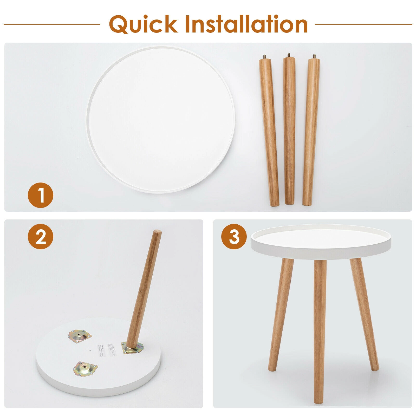 Glintex Round Tray-Top Side Table with Lipped Edge and Bamboo Legs, White