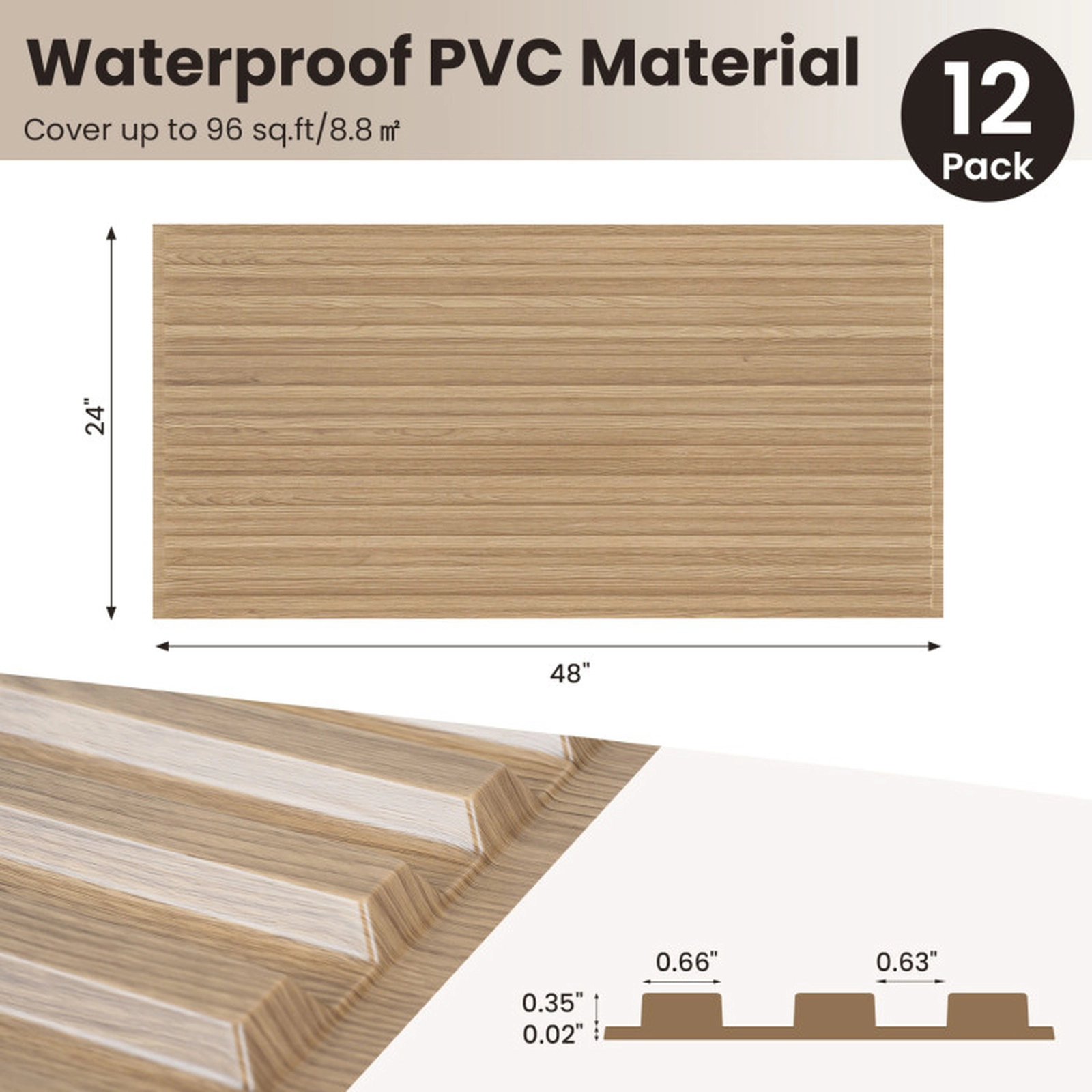 SUGIFT 12-Pack Walnut and Black 3D Fluted PVC Slat Wall Panels, 96 sq. ft.