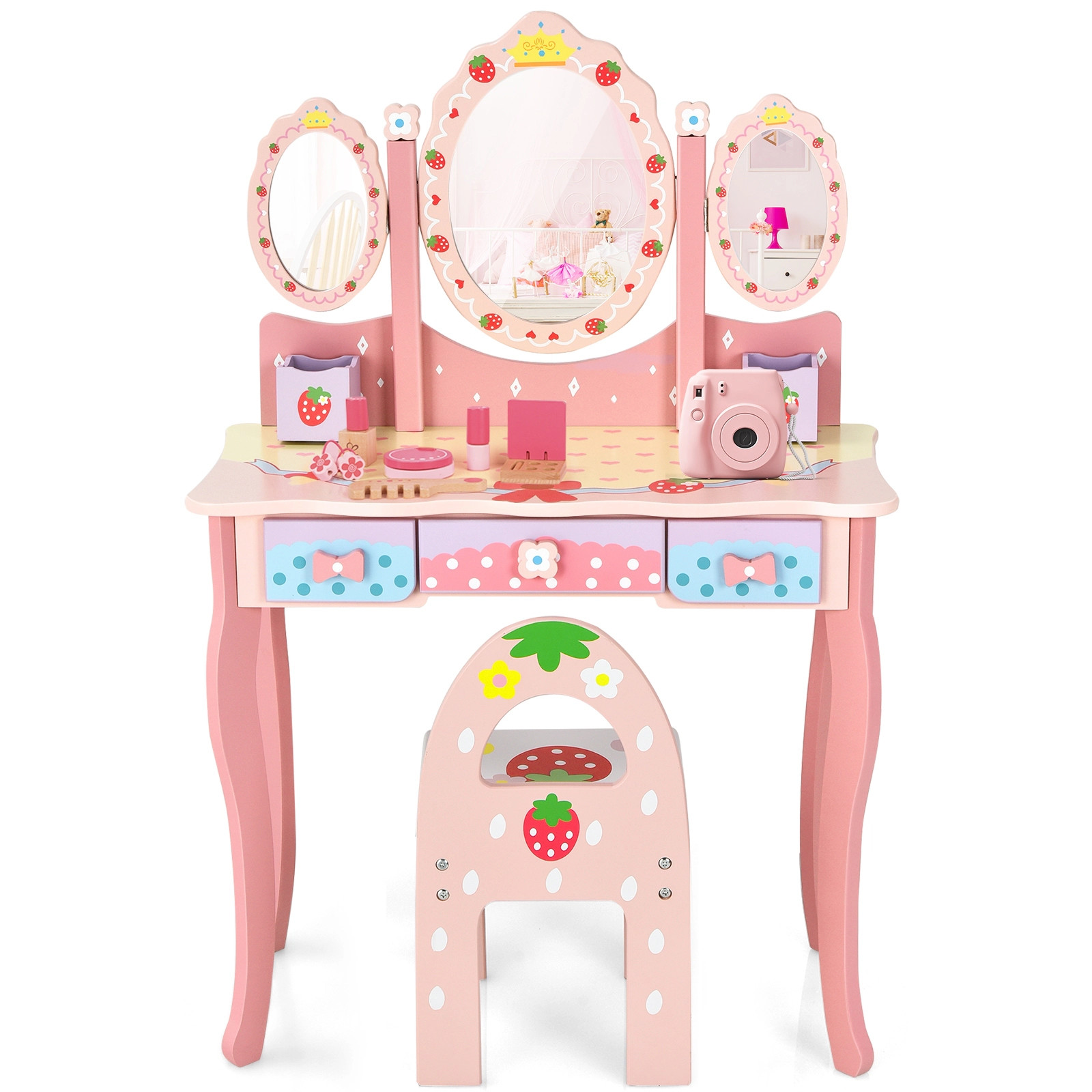 SUGIFT Kids Vanity Princess Makeup Dressing Table and Chair Set with Tri-fold Mirror 44-lb Table 88-lb Chair Capacity