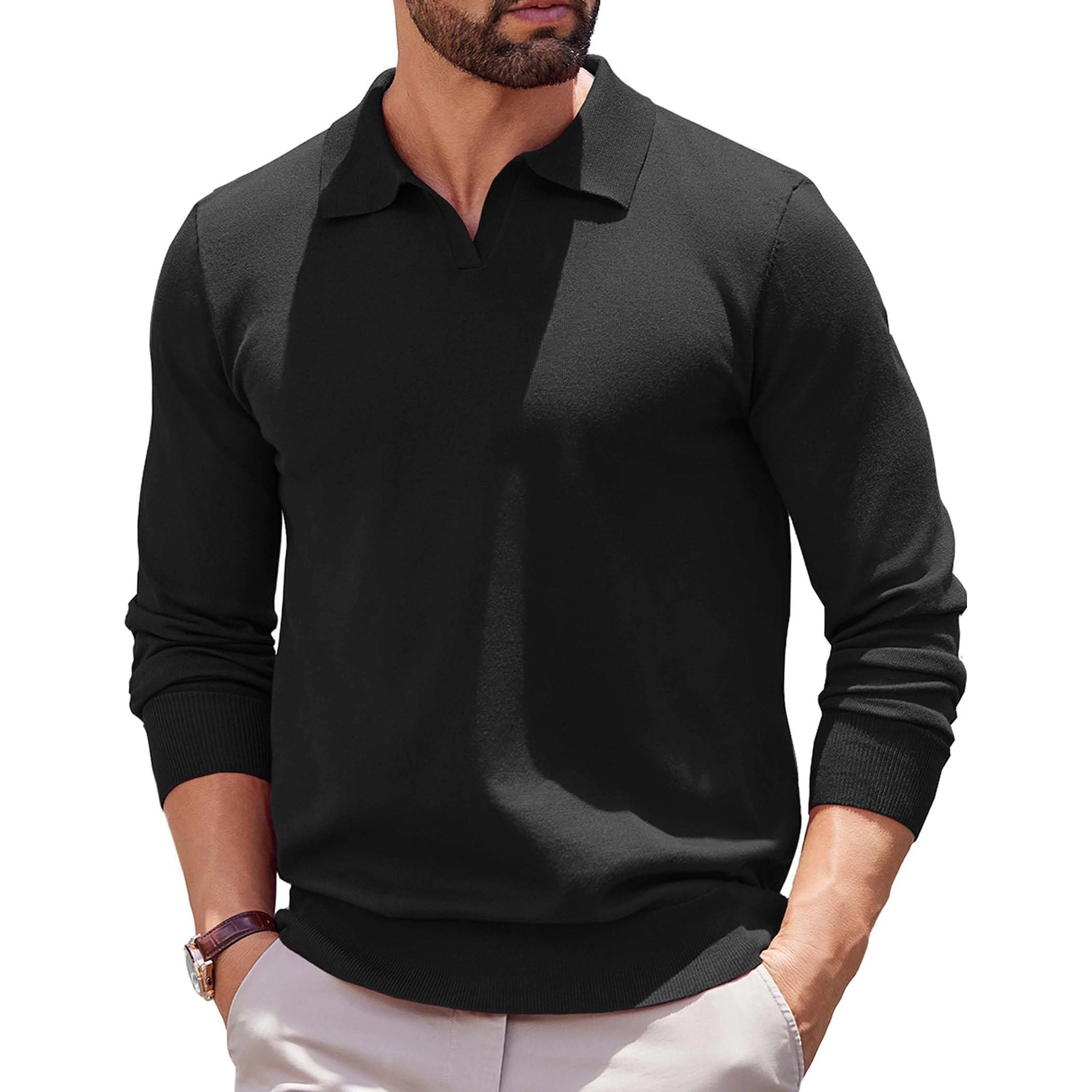 COOFANDY Long Sleeve Polo Sweater Fall V Neck Collared Casual Pullover Tops
