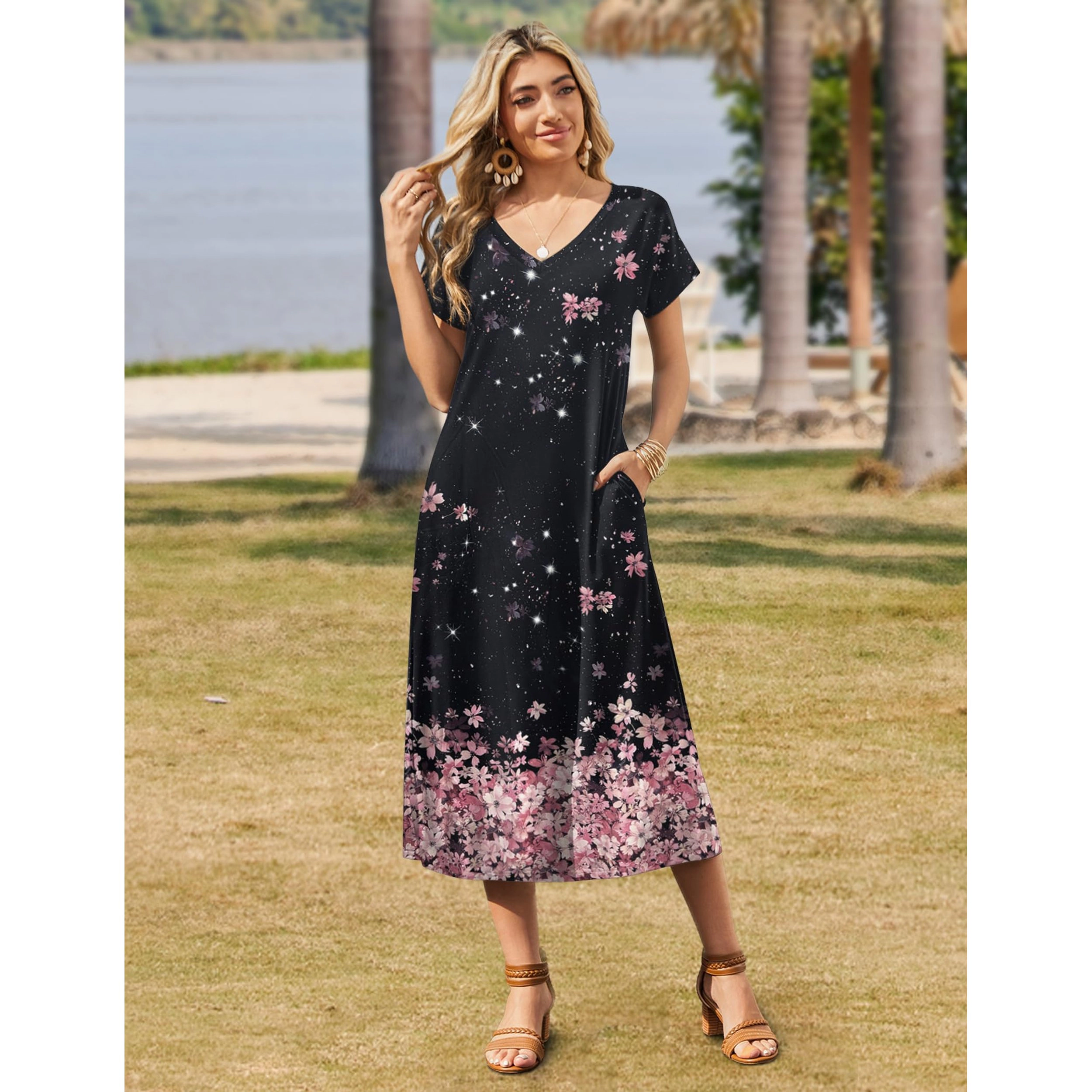 Zeagoo Women's V Neck Short Sleeve Maxi Dress