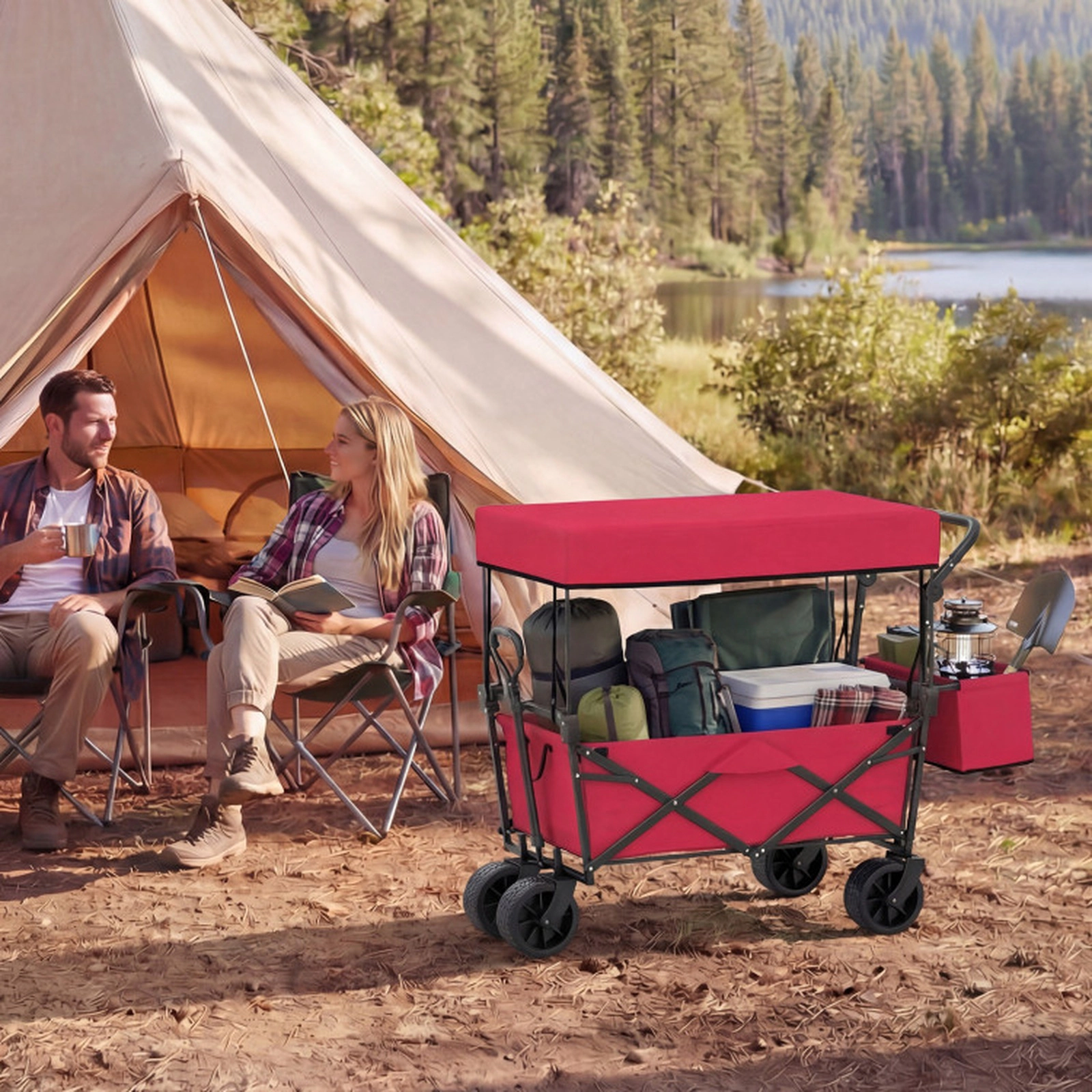 SUGIFT Collapsible Folding Wagon Cart Removable Canopy Storage Bag 150-lb Capacity 80-Liter 46 x 23 x 38-in Red