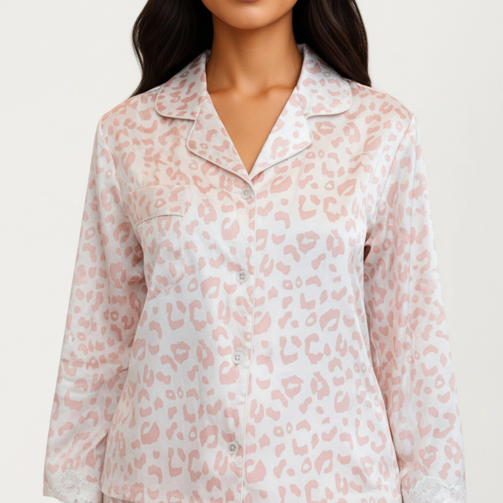 Anna-Kaci Women's 2-Piece Leopard Print Button Front Pajama Top with Lace Trim Sleeves and Matching Relaxed Fit Pants