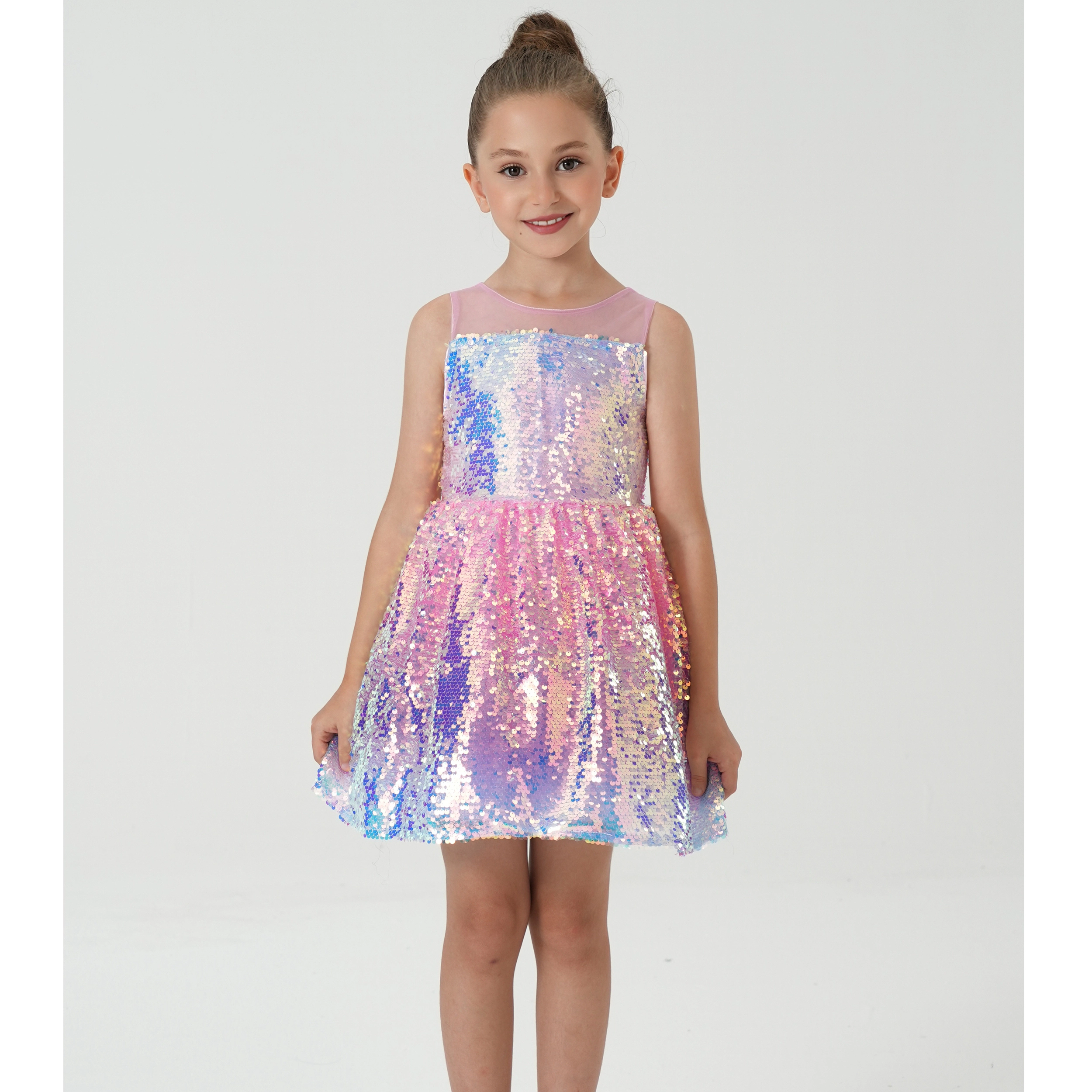 2Bunnies Girls' Ombre Sequin Illusion Neckline Sleeveless Dress