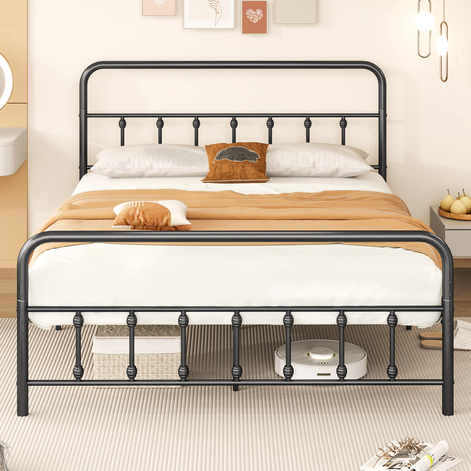 SUGIFT Queen Metal Platform Bed Frame with Victorian Headboard, Footboard and 12.5-in Storage