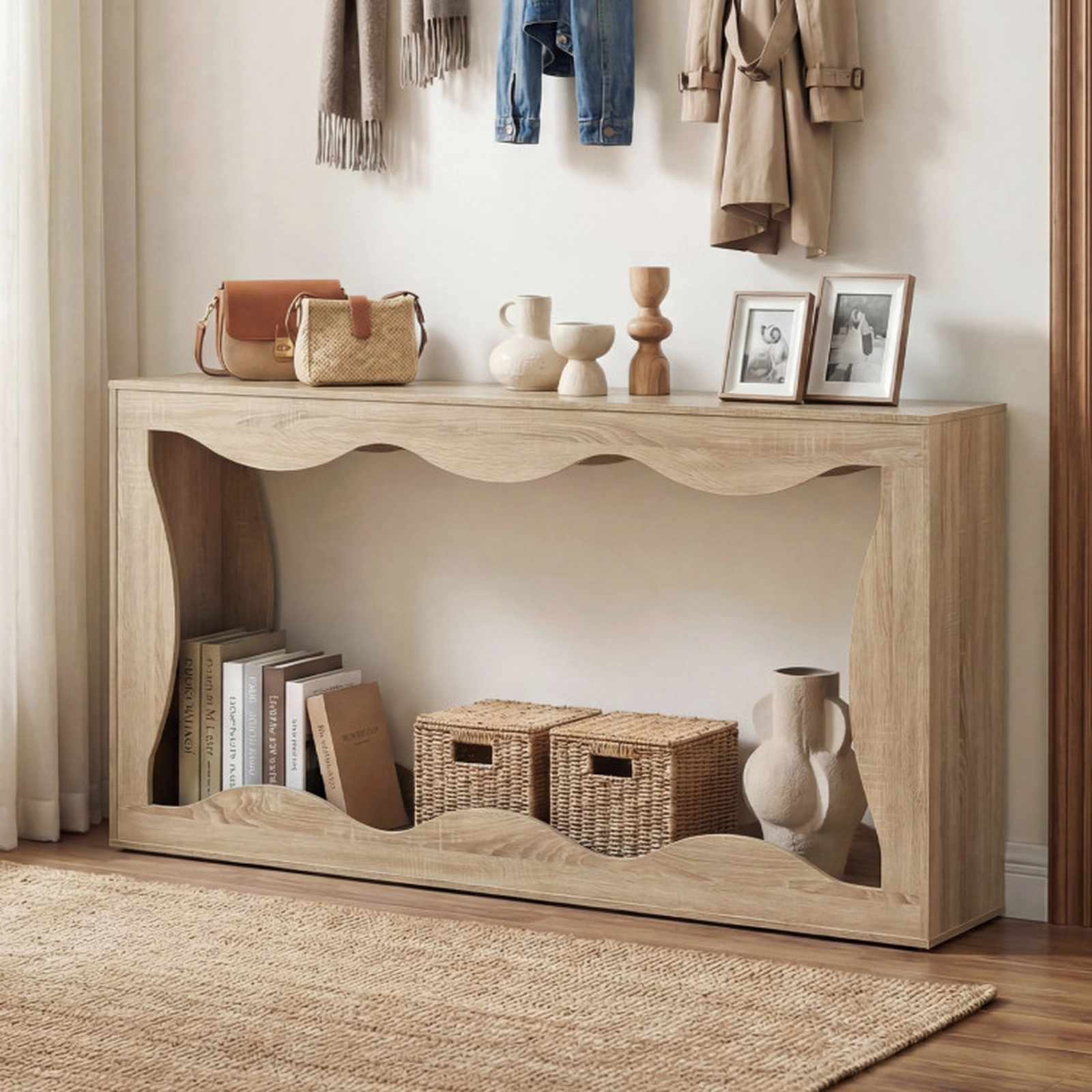 SUGIFT 63-in Long 12-in Narrow 132-lb Capacity 2-Tier Natural Console Table with Wavy Edge Storage Shelf